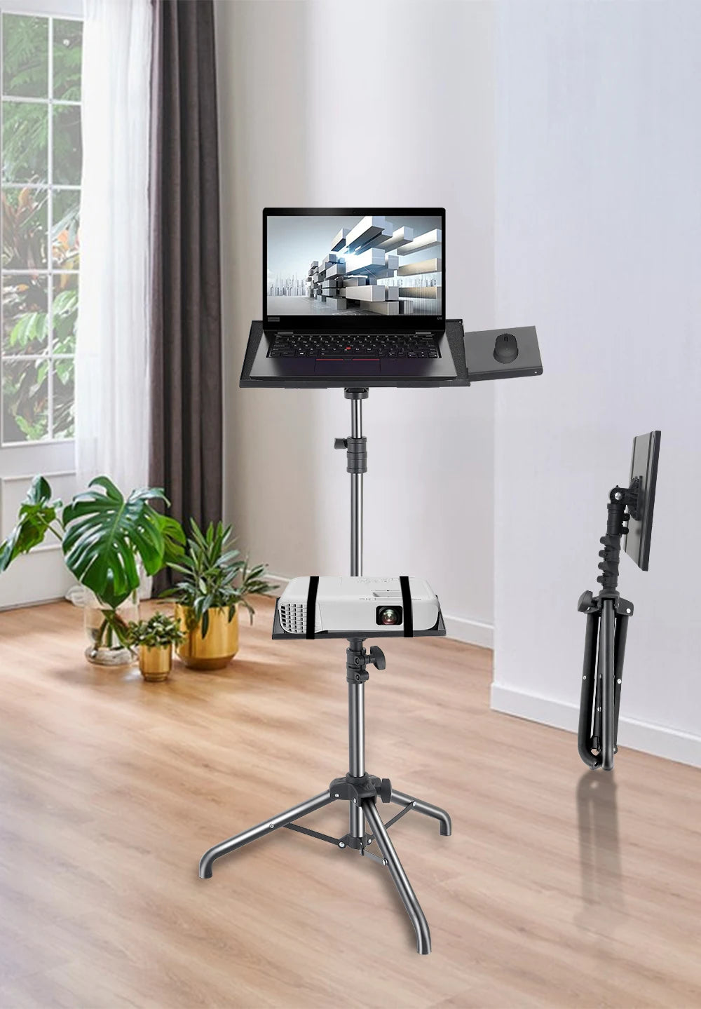 Verstelbaar Projector- en Laptopstatief 145 cm – Mobiel Statief met Wielen voor Camera, Laptop en Projector – Opvouwbaar en Draagbaar