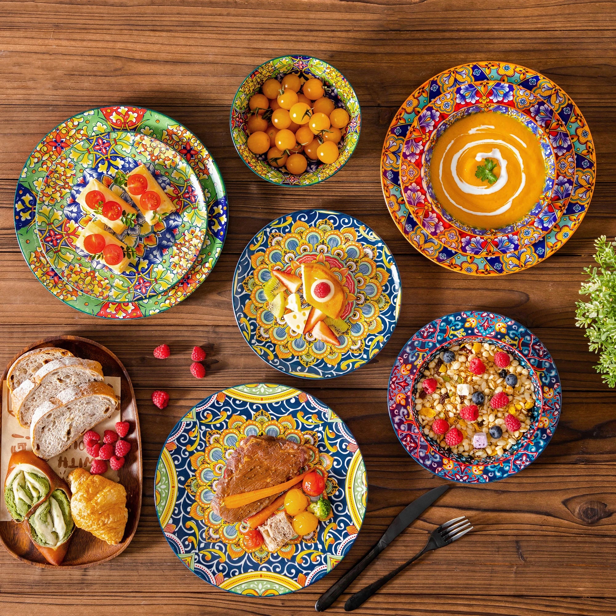 Boheemse 12-delige Keramische Servies Set – Porselein Dinerborden, Dessertborden & Kommen – Boho Servies met Bloemen Design