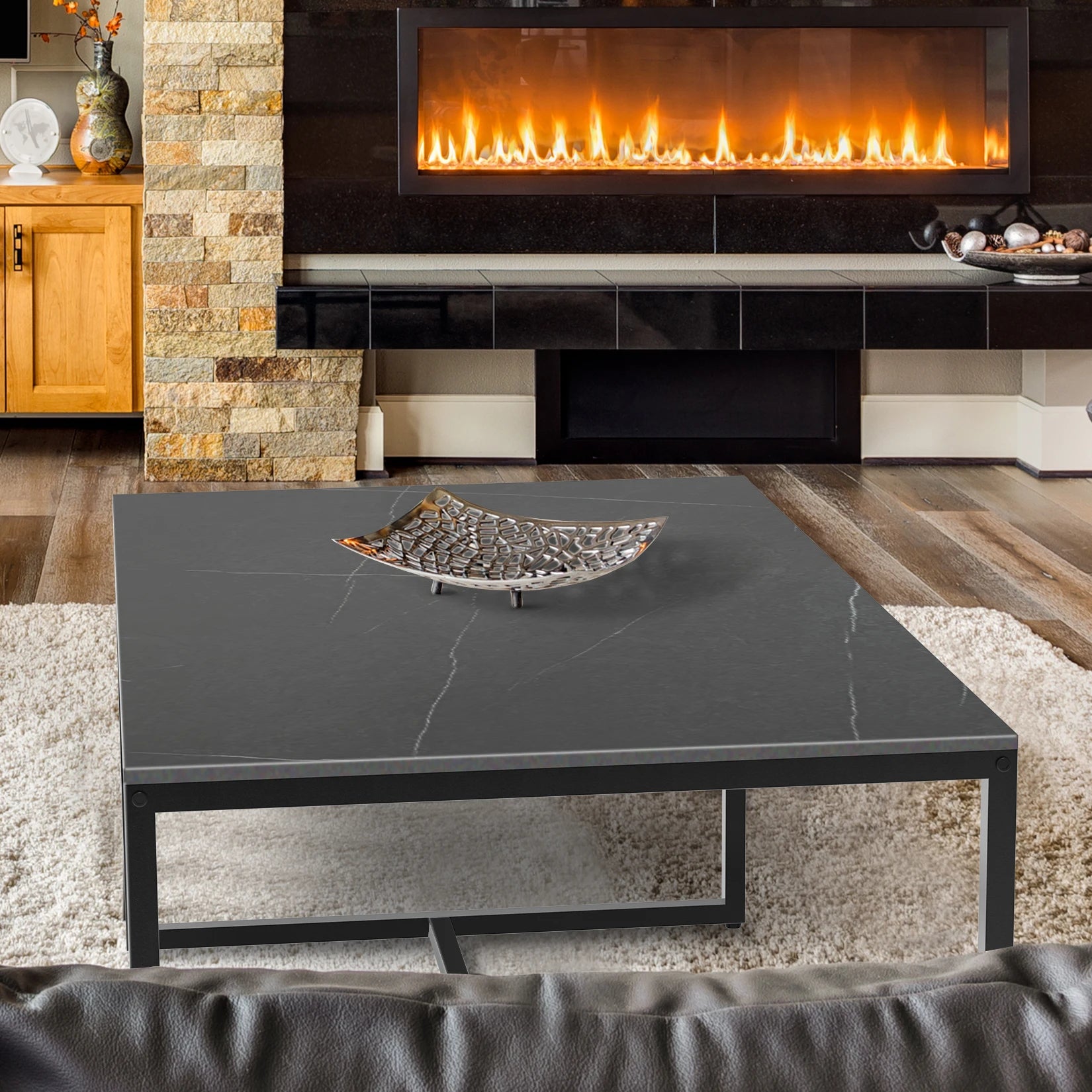 Moderne Salontafel Marmer Look met Metalen Frame – Luxe Rechthoekige Koffietafel met Opbergruimte – Industrieel & Modern Design