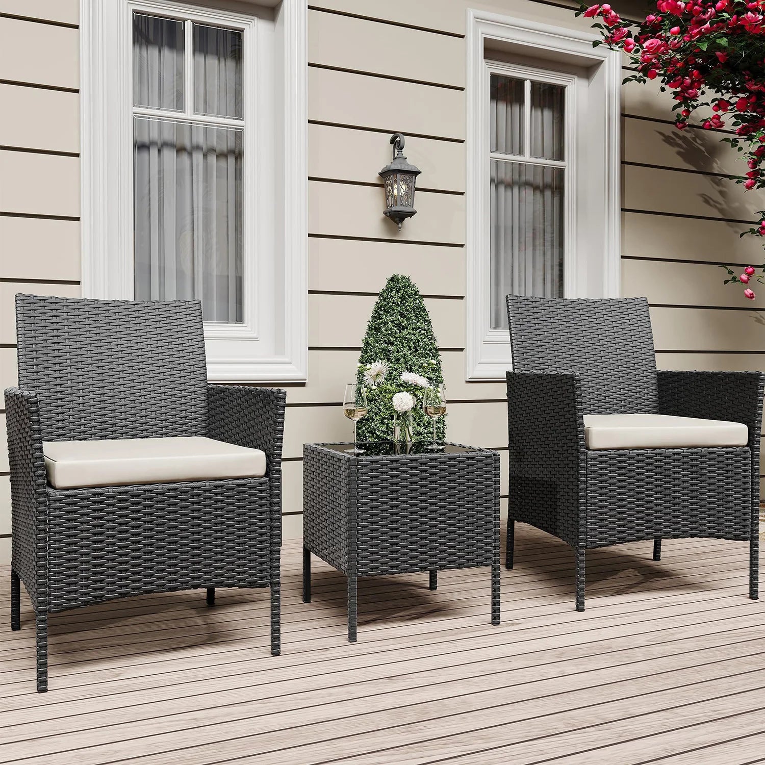 3-Delige Rotan Bistroset met Kussens – 2 Tuinstoelen & Glazen Salontafel – Tuinset voor Tuin, Terras & Veranda