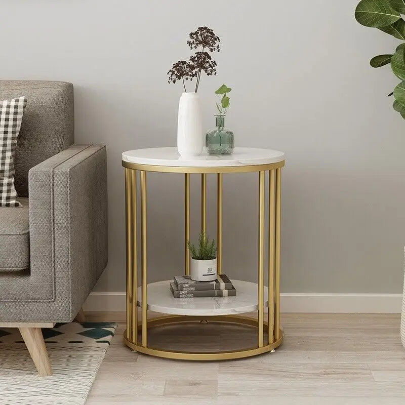2-Laags Ronde Bijzettafel met Marmerlook – Moderne Salontafel & Nachtkastje met Opbergruimte – Wit Design