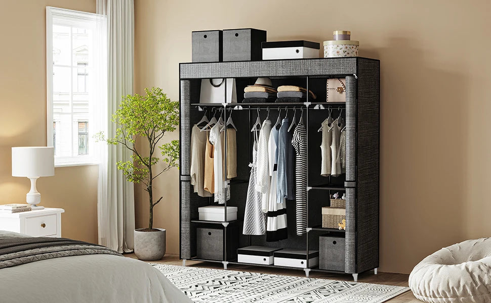 Opvouwbare Kledingkast met Stof – 162x43x175 cm – Draagbare Garderobekast met 3 Hangroedes en 9 Opbergvakken – Zwarte Stoffen Kast voor Slaapkamer