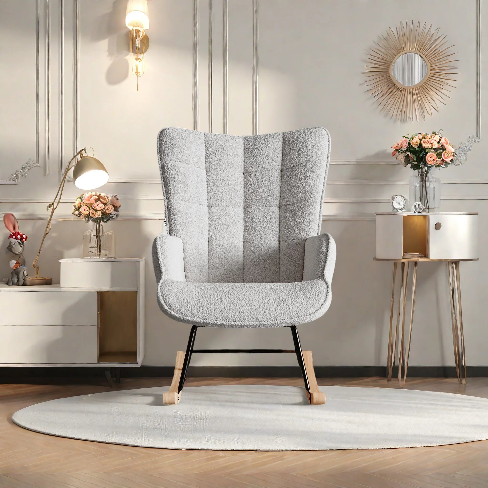 Moderne zachte pluche schommelstoel met armleuningen – comfortabele woonkamer stoel