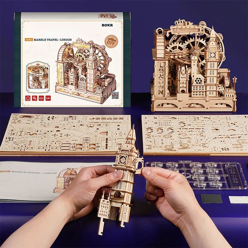 3D Houten Knikkerbaan Puzzel – Mechanische Marble Run Bouwset met Londen Thema – Interactieve STEM Puzzel voor Volwassenen en Tieners