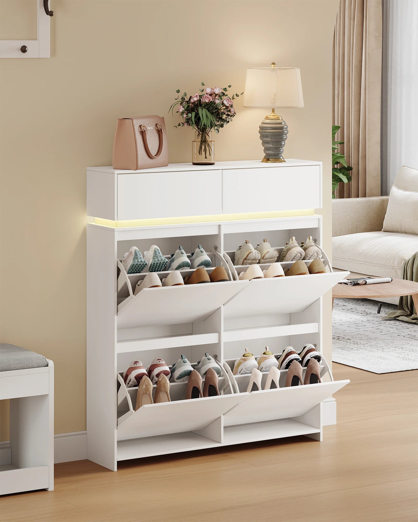 Schoenenkast Smal met LED Verlichting – Schoenenrek met 4 Kleppen & Lades – Ruimte voor 20 Paar – Modern Wit Halmeubel