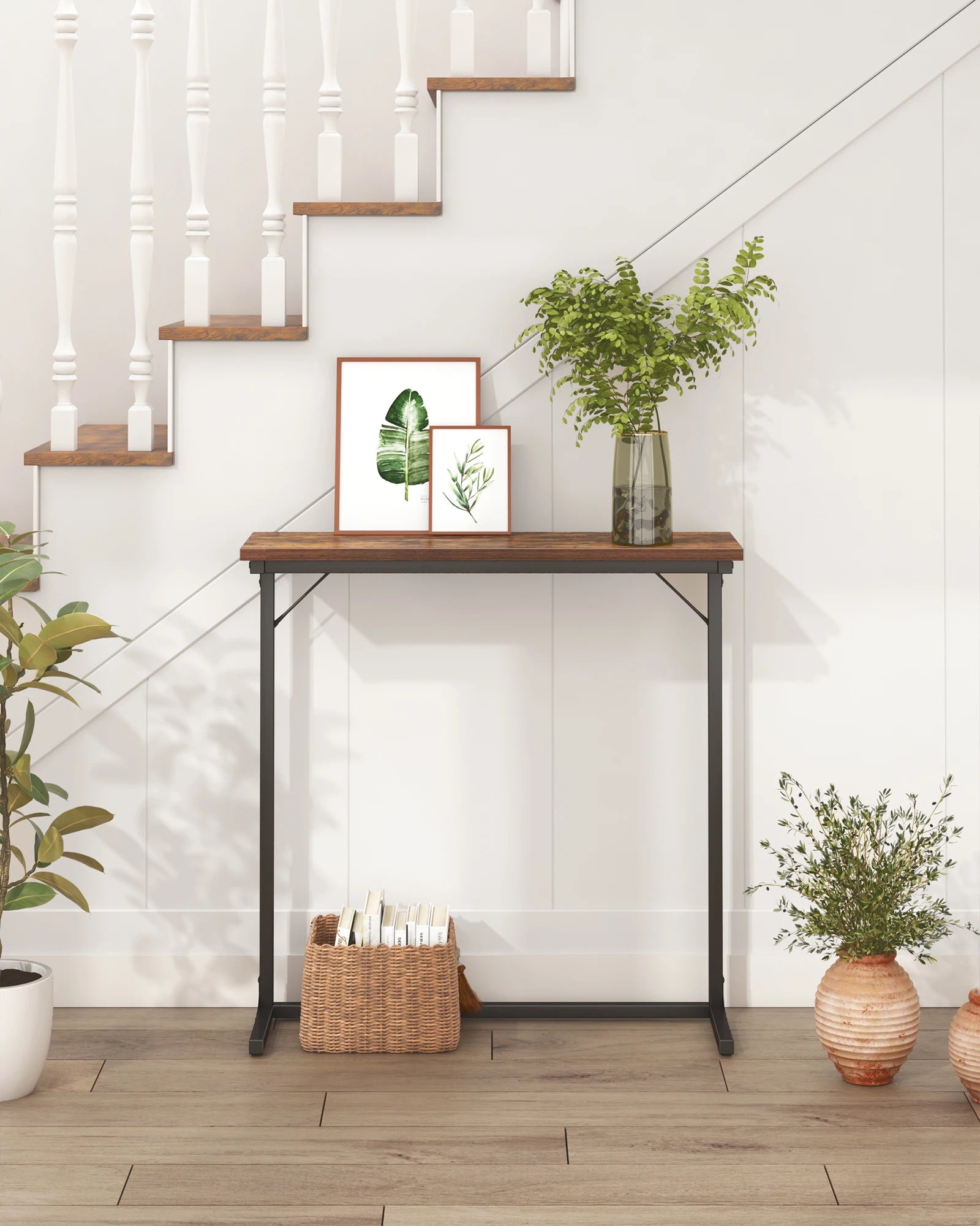 Smalle Industriële Sidetable / Console Tafel – Haltafel, Sofa Tafel voor Woonkamer en Gang – Zwart & Rustiek Bruin