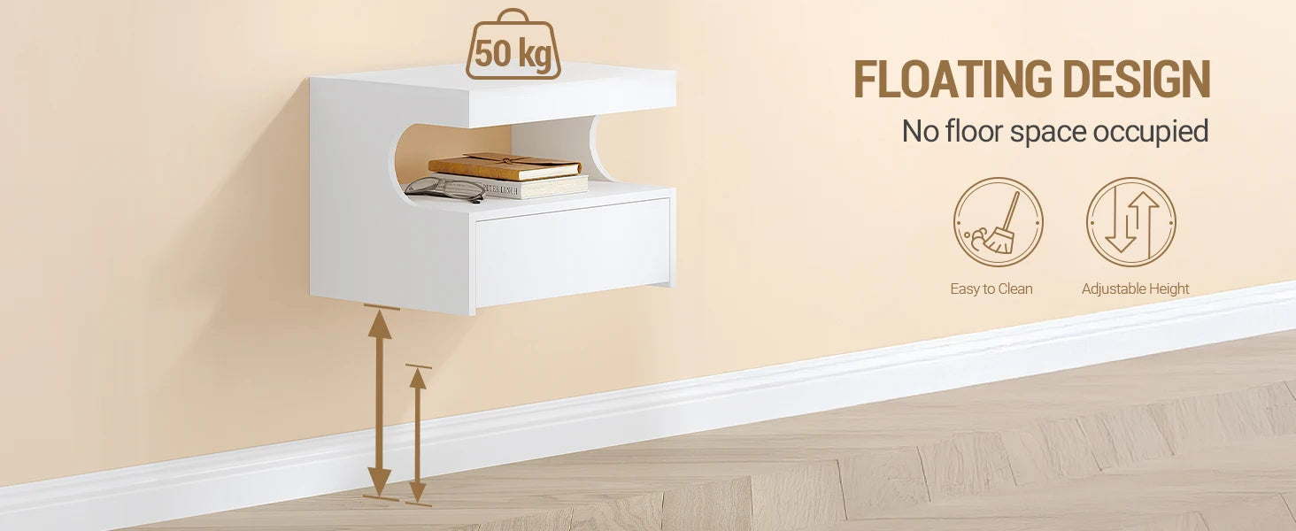 Zwevend Nachtkastje met Lade – Wandplank Bedside Table met Opbergruimte – Modern Minimalistisch Wit Design