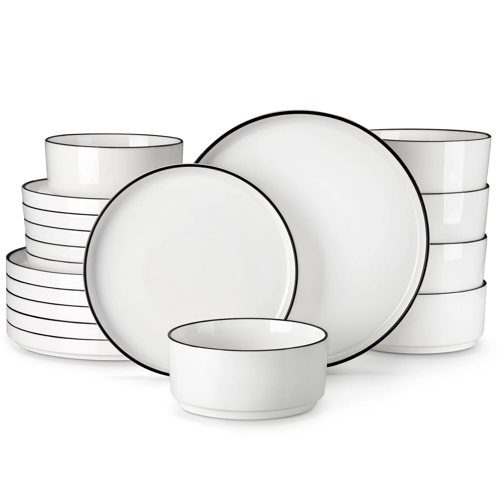 Serviesset wit met zwarte rand – 12/16/18/24 Delig Keramisch Servies - Serviesset met Borden & Kommen