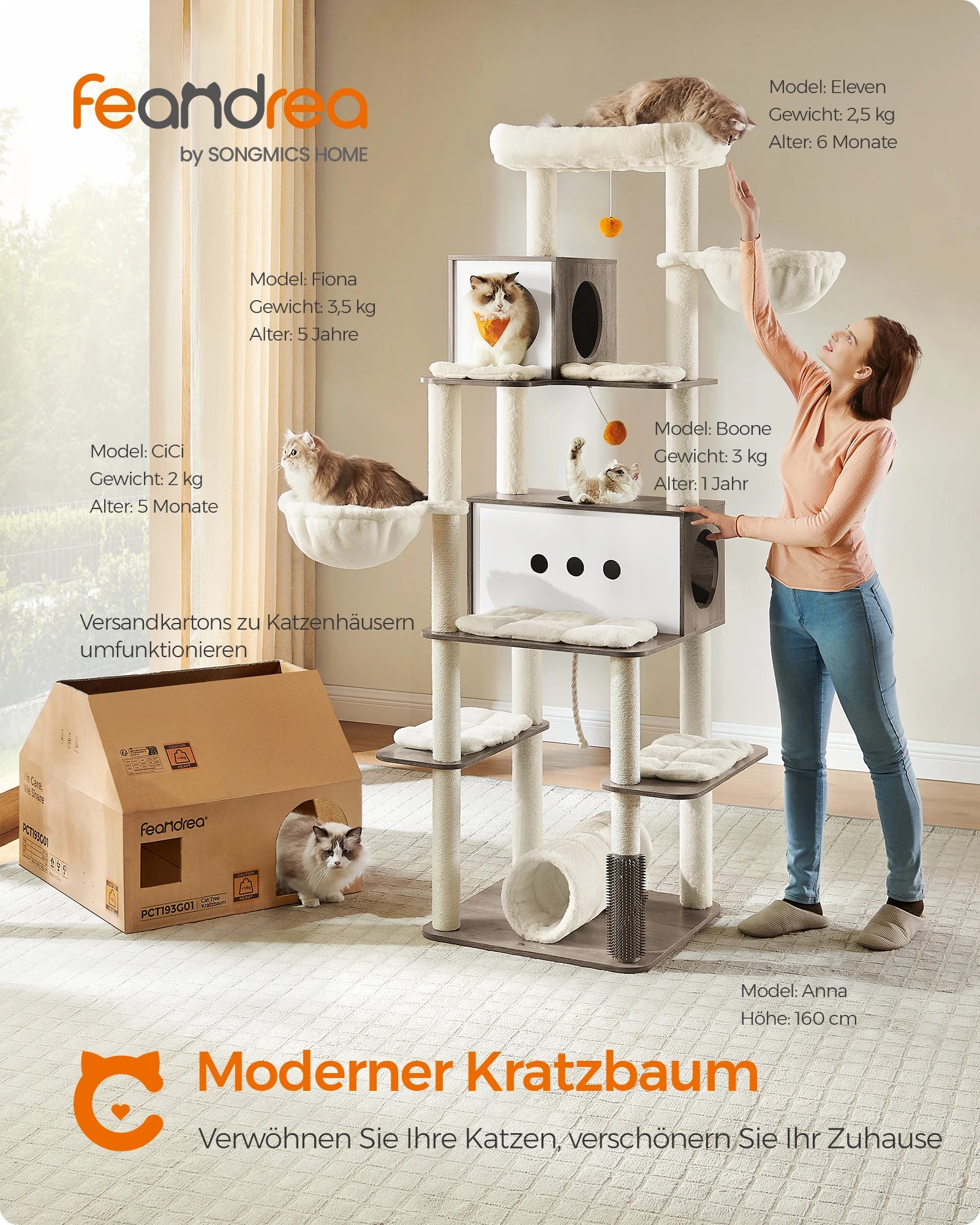 XXL Kattenkrabpaal 197 cm – Grote Kattenboom met 2 Huisjes, Ligplaatsen en Speelgoed – Moderne Krabpaal voor Meerdere Katten