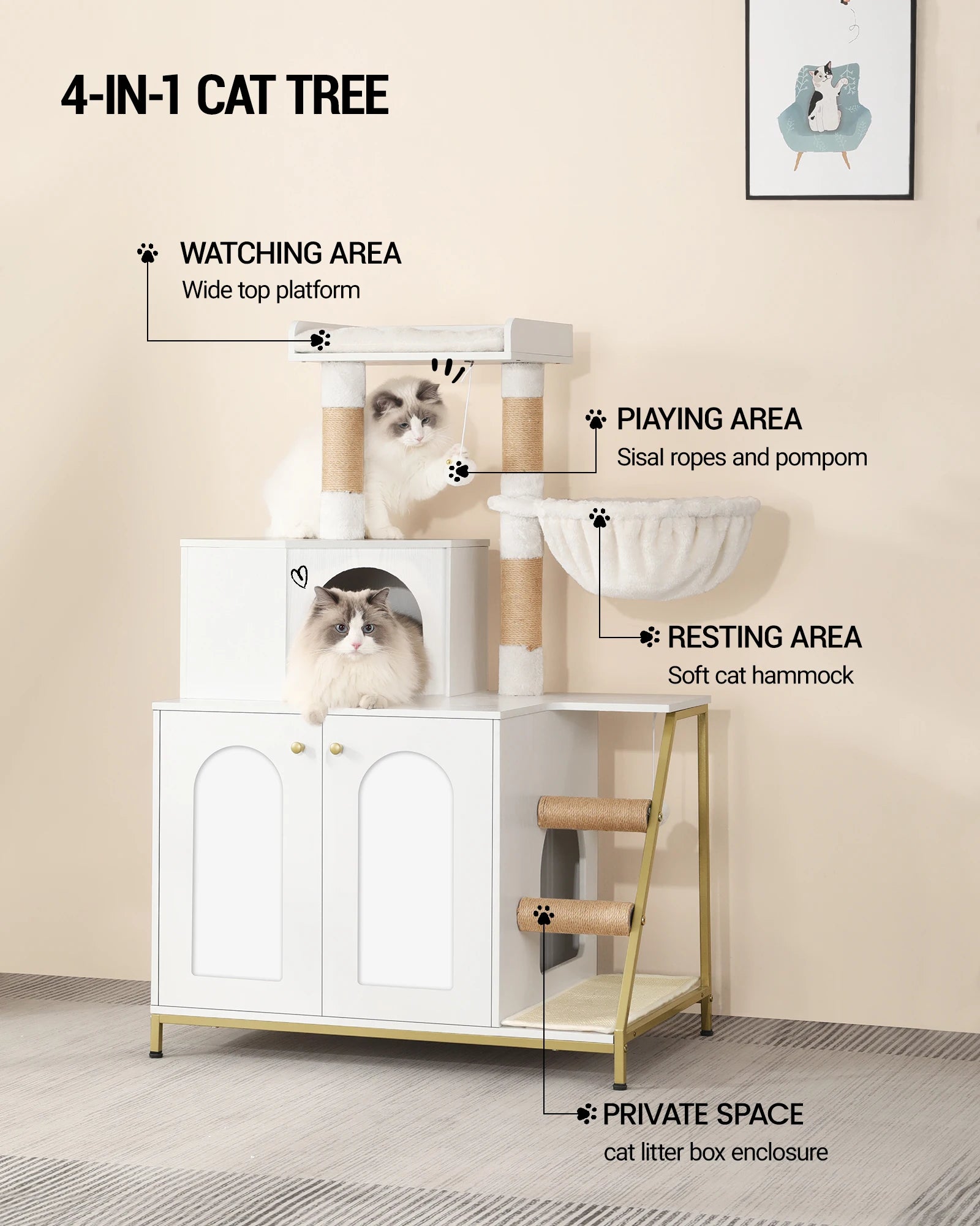 Kattenmeubel met Kattenbak Kast – 4-in-1 Kattenboom met Krabpaal, Platform en Kattenhuis – Modern Design met Sisal Krabmat