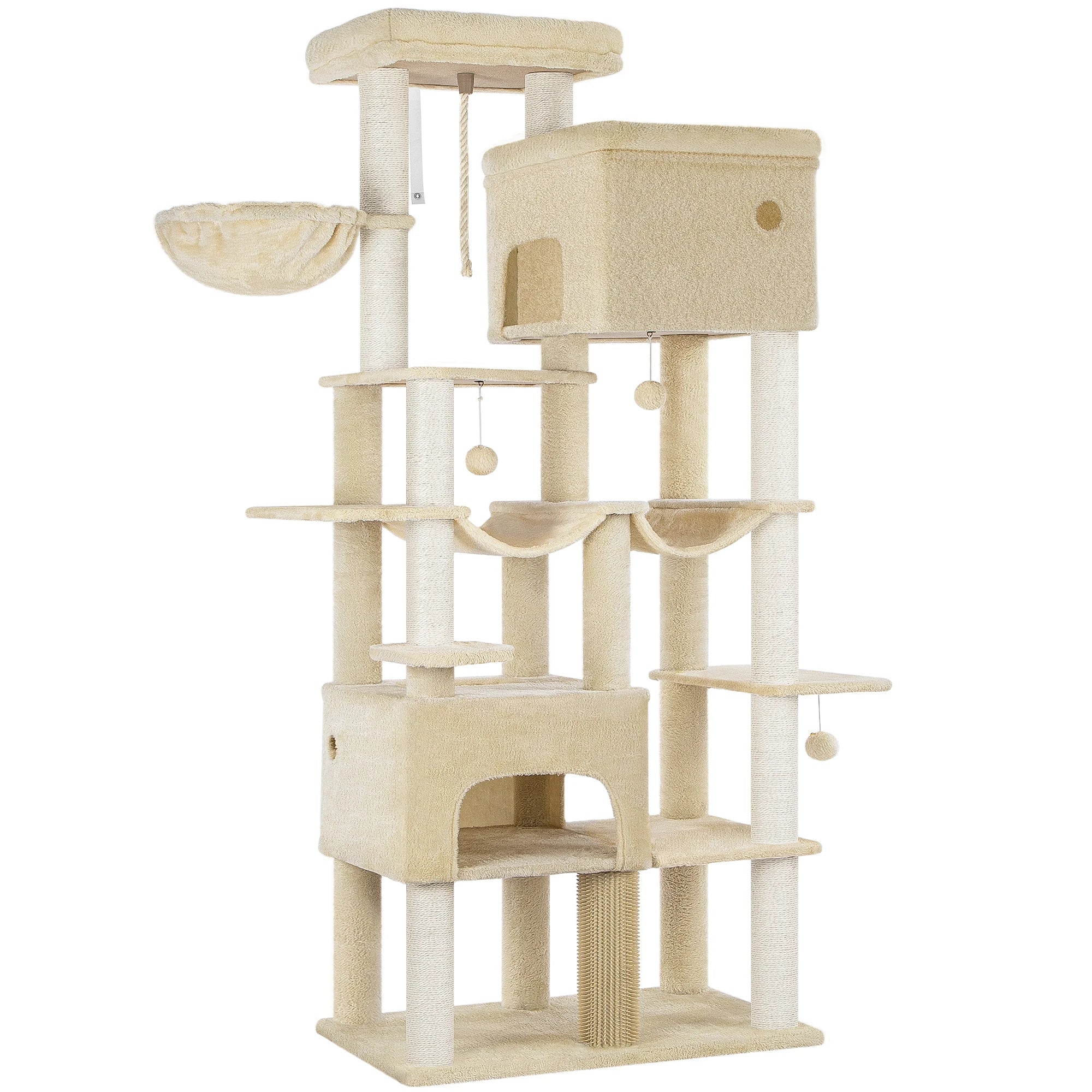 Grote Krabpaal voor Katten XXL – 200 cm Kattenboom met 10 Sisalpalen, 2 Huisjes, Hangmatten & Platform – Voor Grote Katten