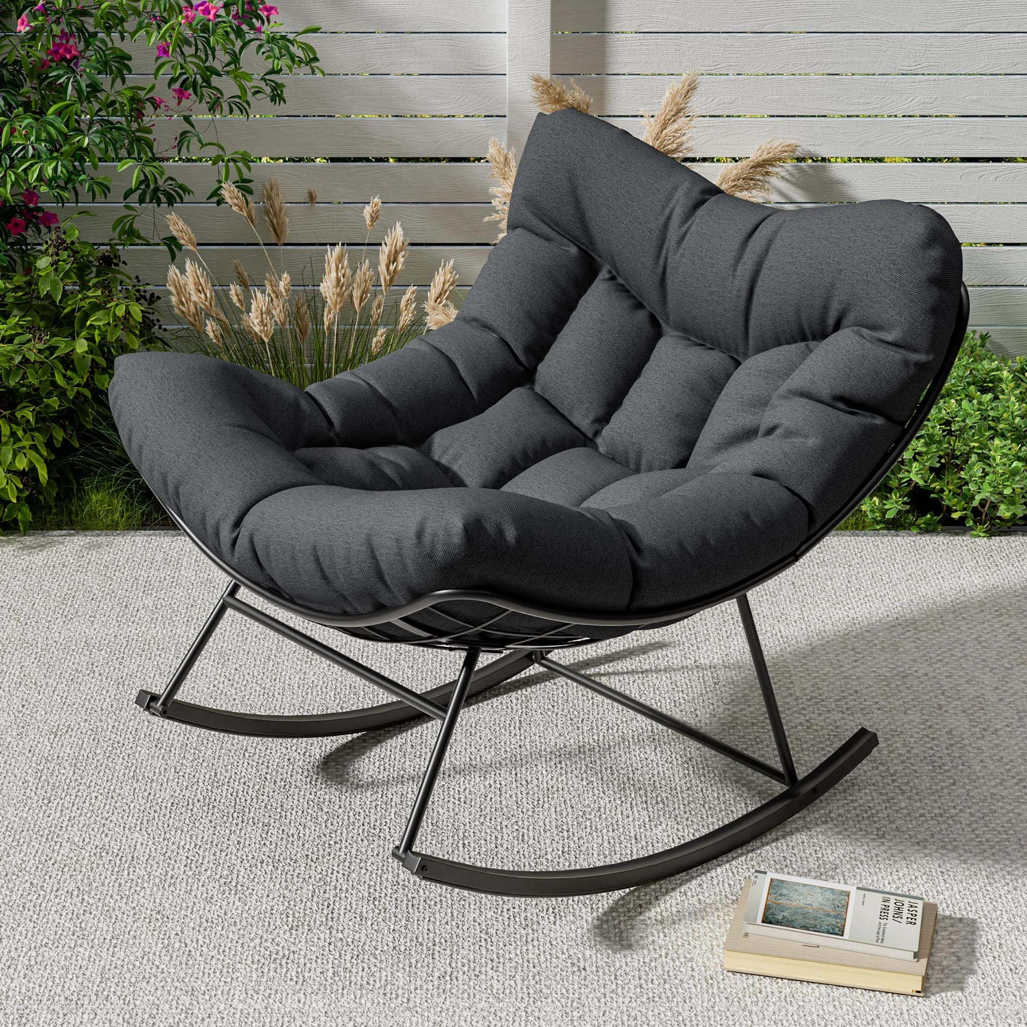 Papasan Schommelstoel voor Buiten met Kussen – Grote Rotan Loungestoel met Metalen Frame voor Tuin, Balkon & Veranda