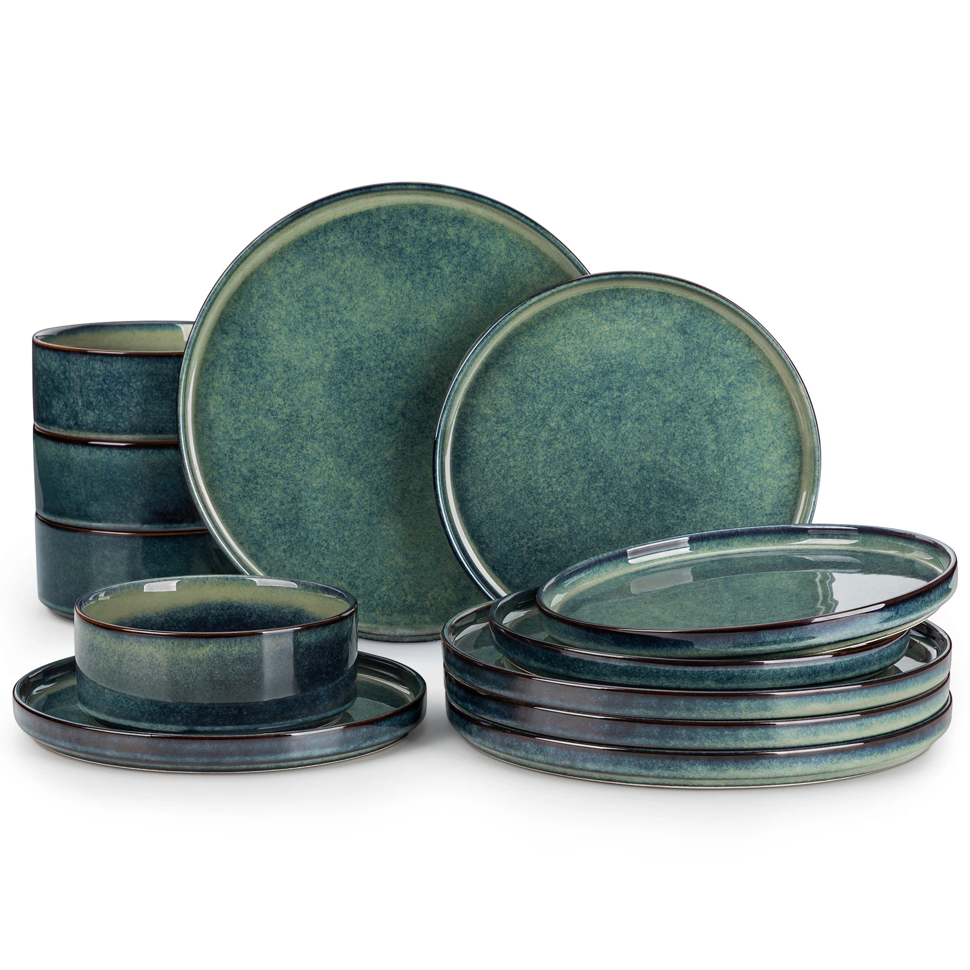 Serviesset Zwart Groen – 12/24/36-Delige Keramische Diner Set met Borden en Kommen – Modern & Luxe Servies