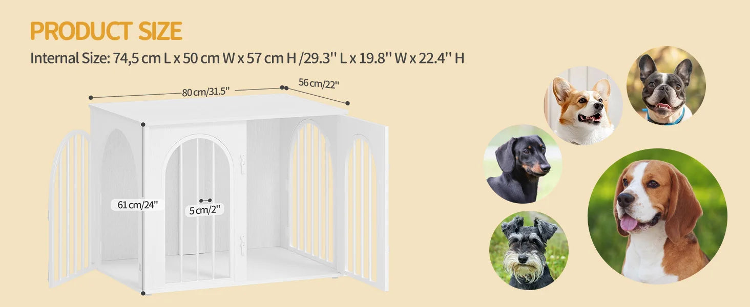 Houten Hondenbench Meubel 80 cm – Design Hondenkooi met 3 Deuren – Moderne Indoor Bench & Bijzettafel
