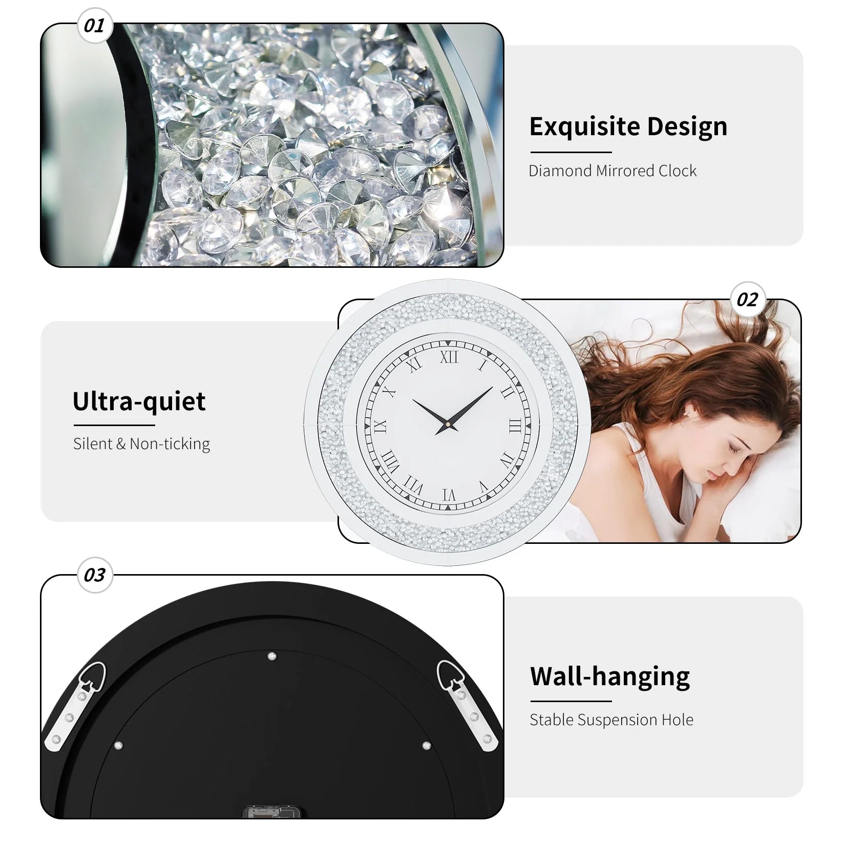 Ronde Zilveren Spiegelklok 60 cm – Luxe Wandklok met Romeinse Cijfers & Crushed Diamant Design