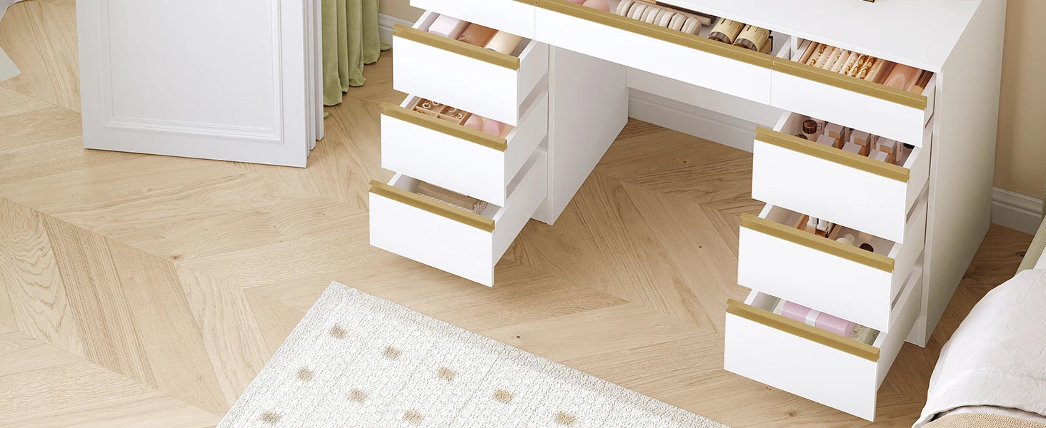 Kaptafel met LED Verlichting en Spiegel – 9 Laden & 9 Opbergvakken – Moderne Make-up Tafel met Verstelbare Verlichting – Wit Goud