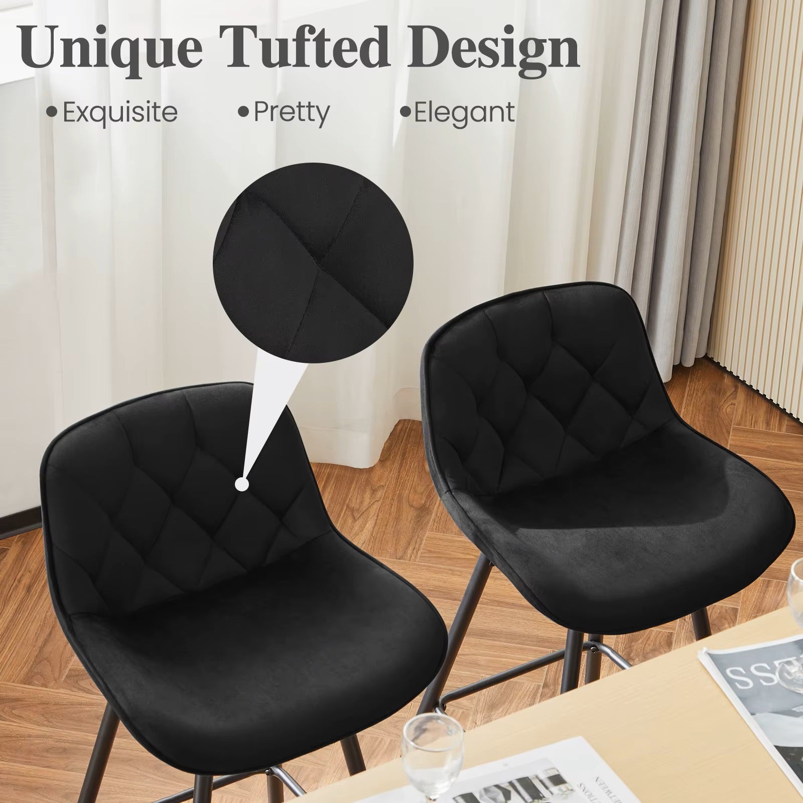 Set van 2 Fluwelen Barkrukken – Zwarte Gestoffeerde Barstoelen met Rugleuning