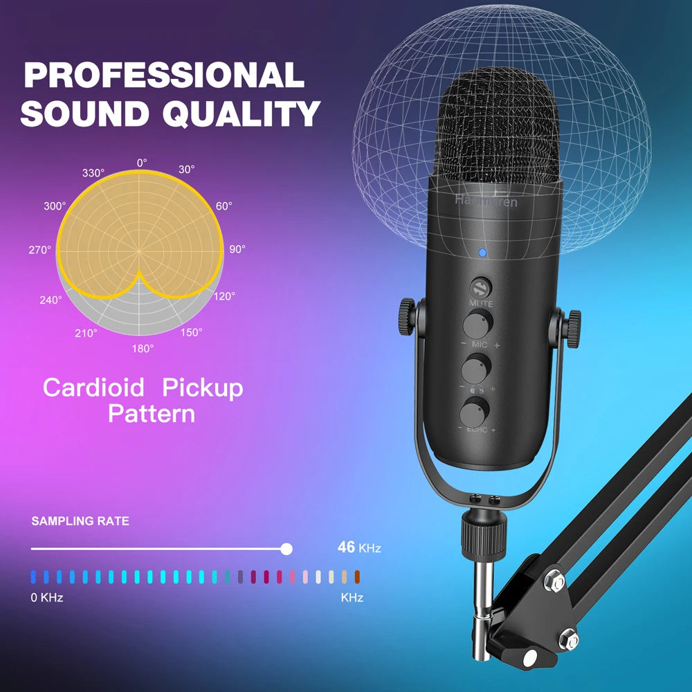 USB condensator microfoon set met boom arm – Cardioïde studio microfoon voor podcast, streaming en gaming