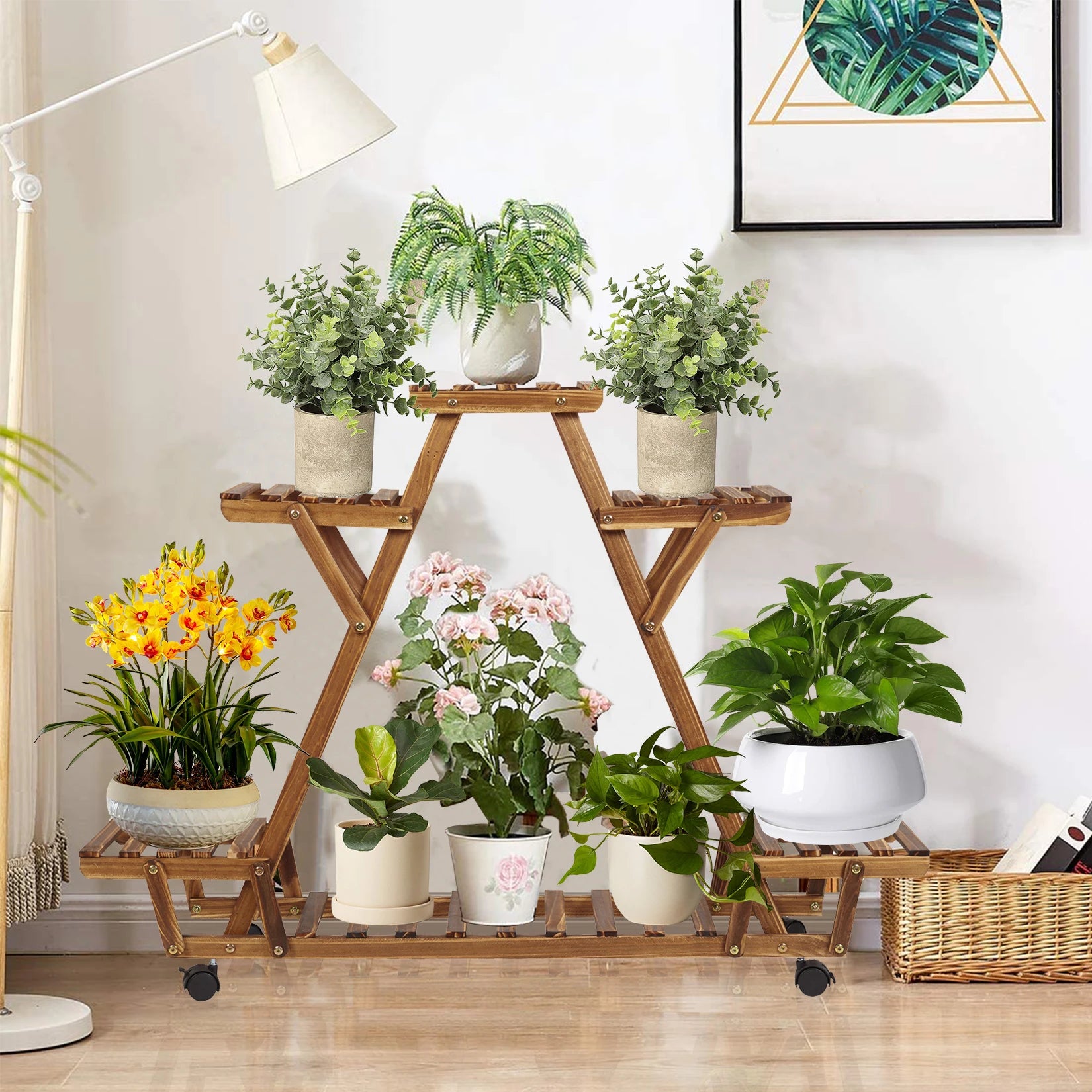 Driehoekig Plantenrek met Wielen – 6 Lagen Houten Bloemenstandaard voor Binnen & Balkon
