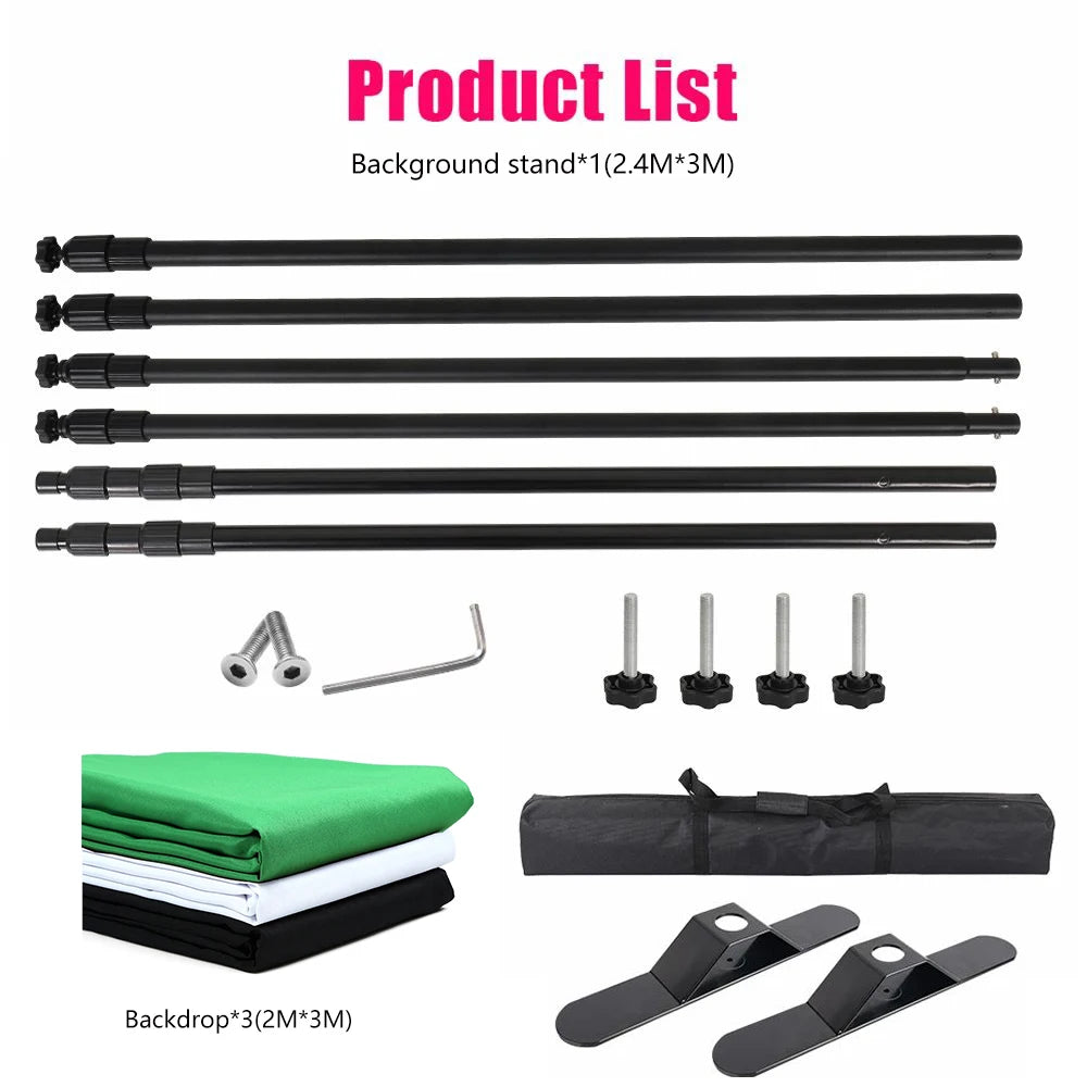 Dubbele Crossbar Fotografie Achtergrondstandaard – Verstelbaar 3x2,4m Backdrop Frame voor Studio, Video en Greenscreen