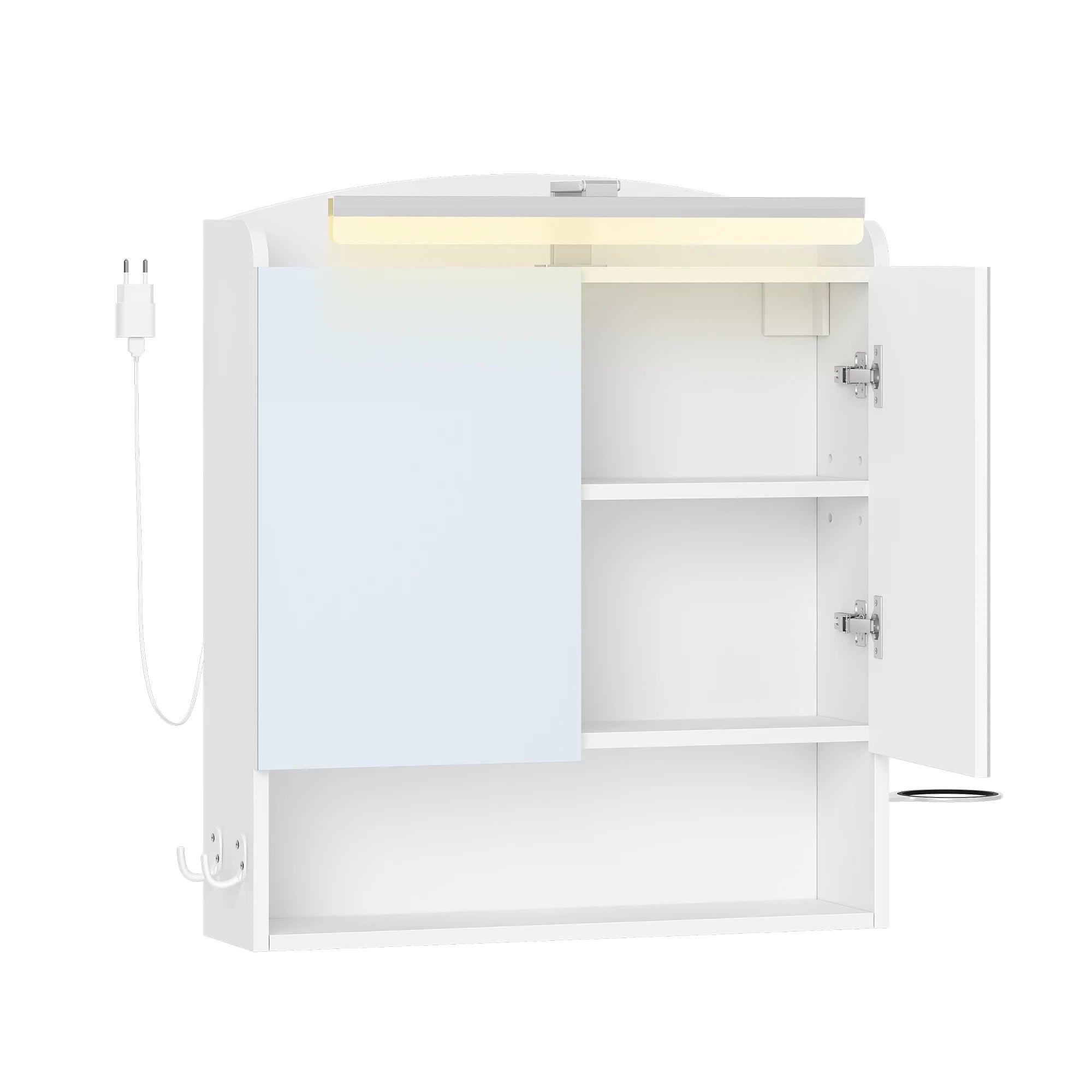 Badkamer Spiegelkast met LED Verlichting en Stopcontact – Wandkast met Spiegel, Opbergruimte, Föhnhouder en Haken – Modern Wit Design
