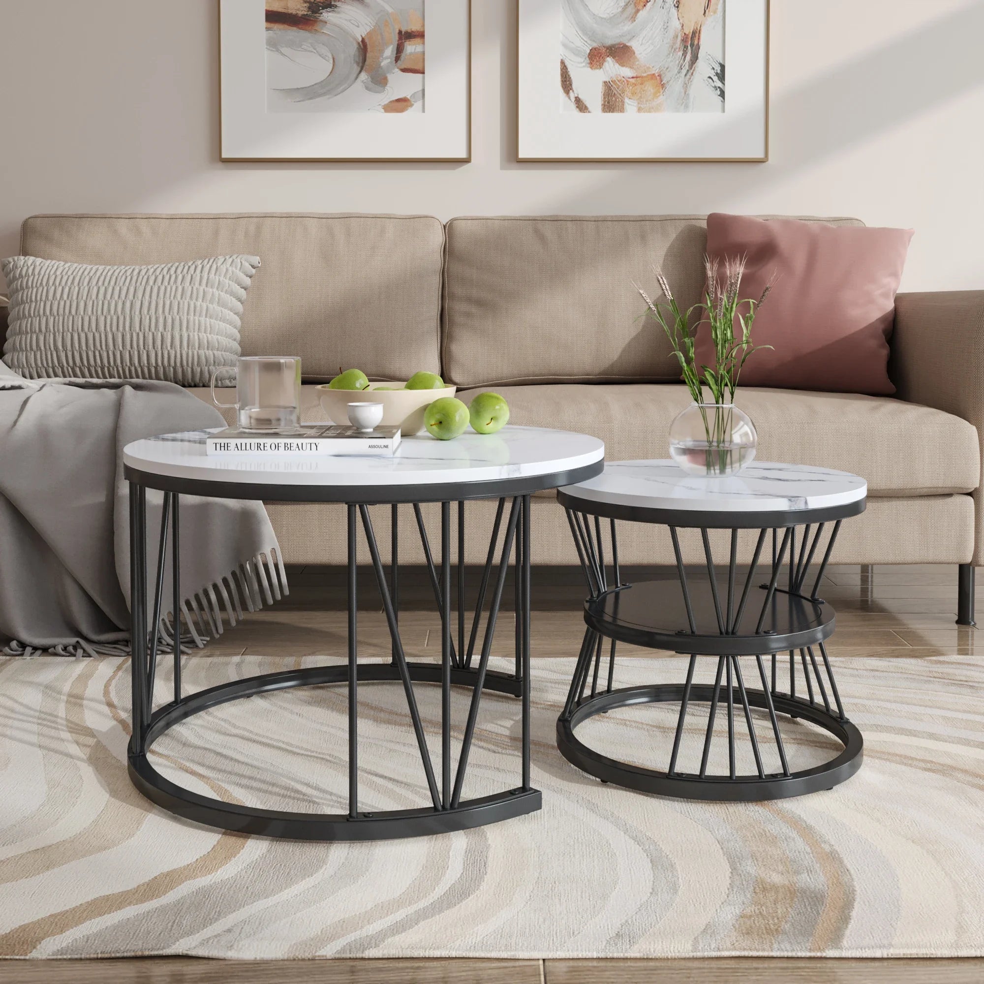 Set van 2 Ronde Marmeren Koffietafels – Goud/Wit – Luxe Salontafel Set