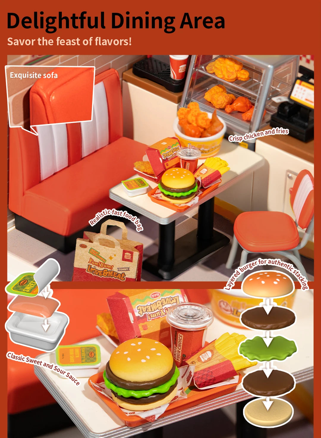 Miniatuur Poppenhuis Bouwset – Burgers Bar Thema – Creatieve DIY Bouwstenen voor Kinderen en Tieners