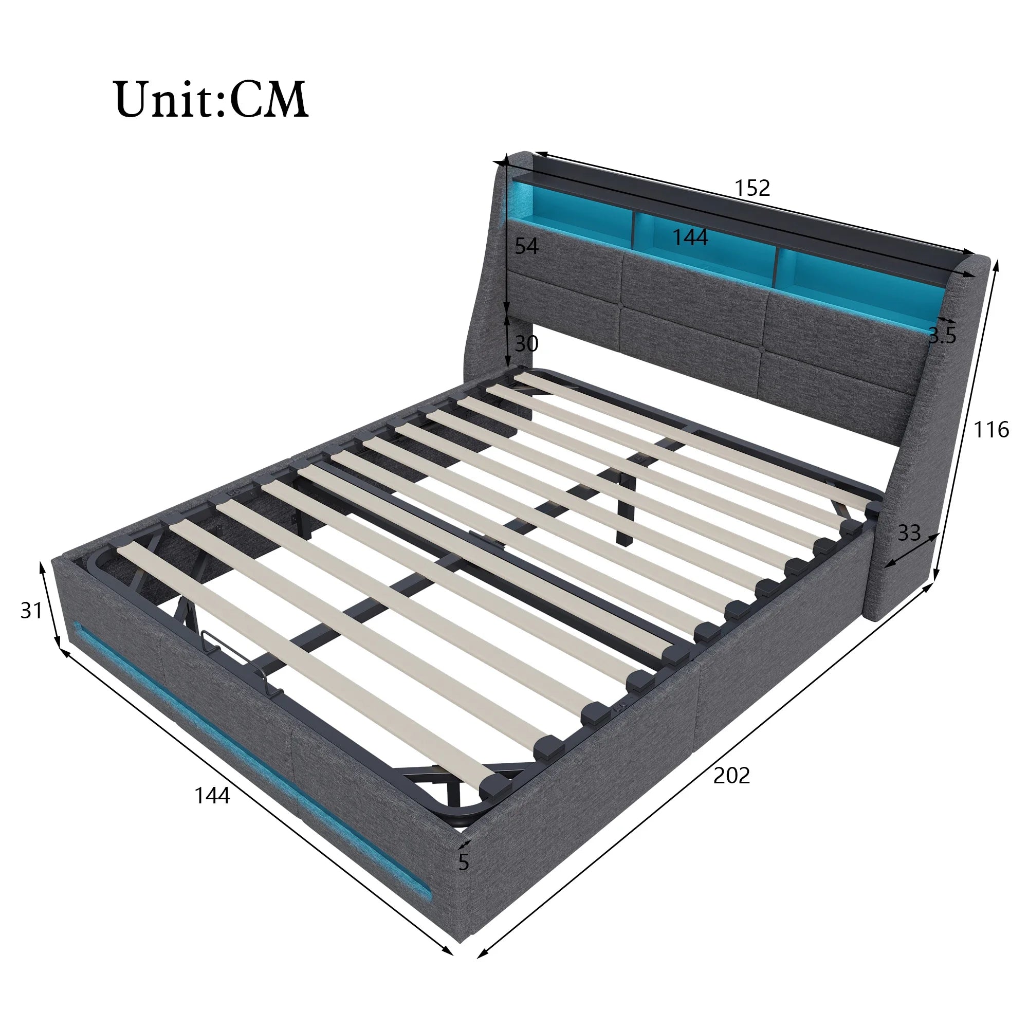 Gestoffeerd tweepersoonsbed 140/160x200 cm met LED‑hoofdeinde, USB‑oplaadfunctie en hydraulische opbergruimte