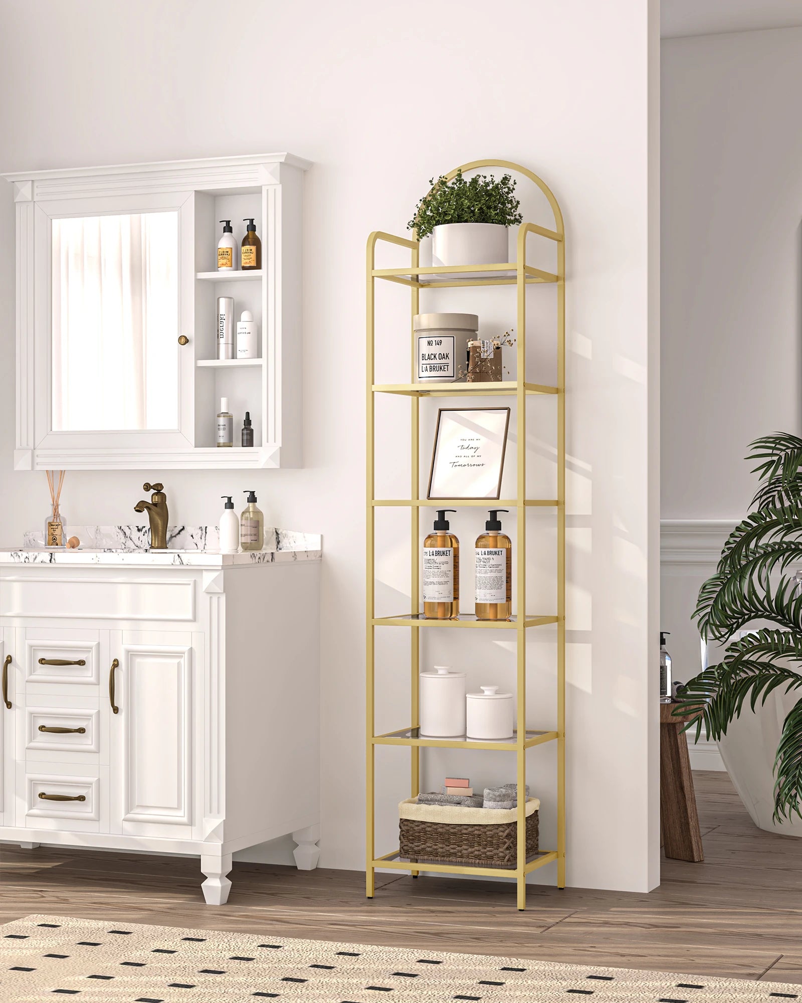 Smalle Boekenkast met Gehard Glas en Gouden Frame – 6-Laags Ladder Kast voor Woonkamer, Slaapkamer & Badkamer
