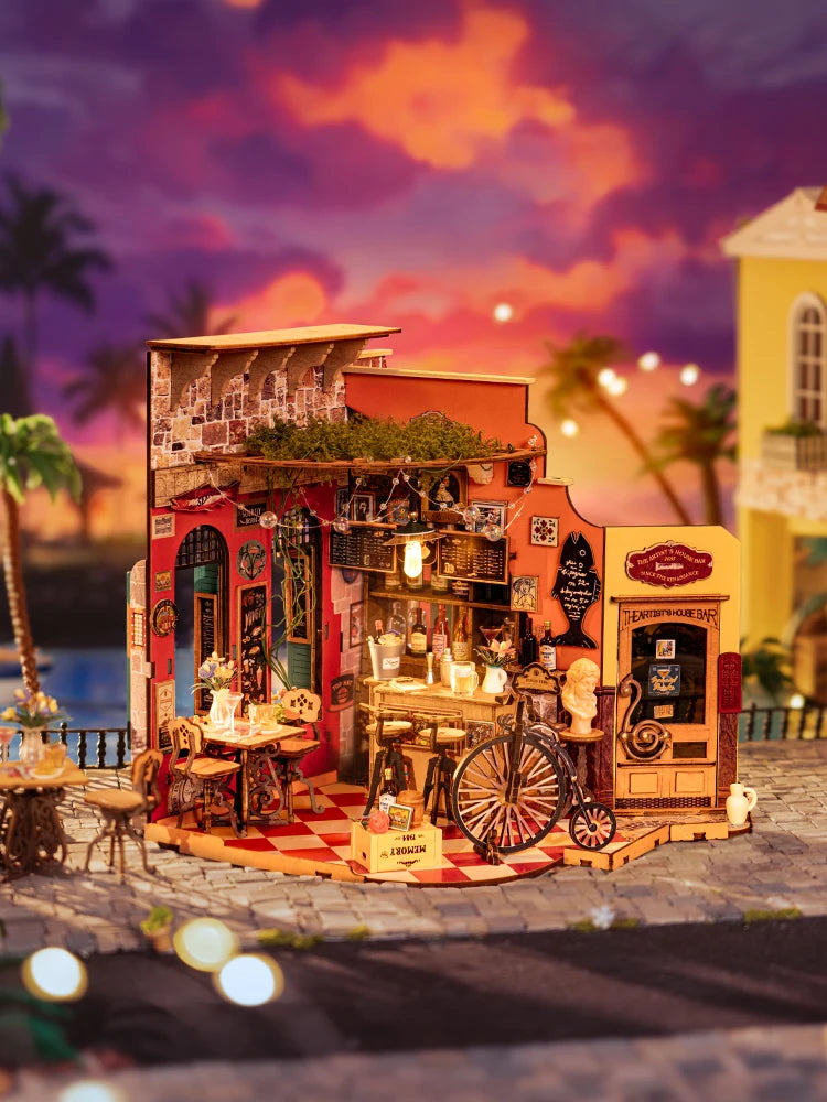 DIY Houten Miniatuur Poppenhuis – Cheers Bar Model met LED Verlichting – Educatief Bouwpakket voor Volwassenen en Kinderen