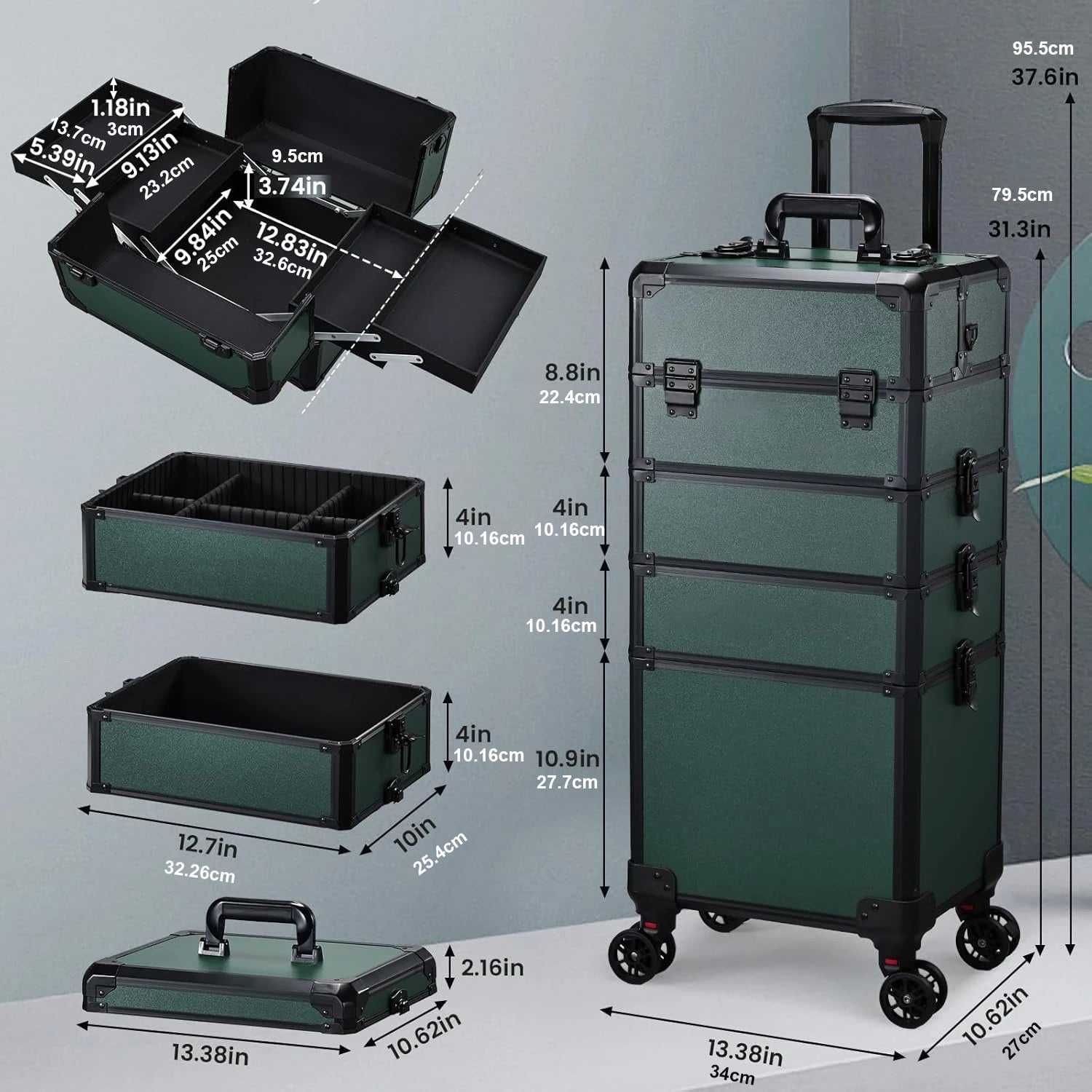 Professionele Rollende Make-up Koffer 5-in-1 – Groot, Duurzaam en Lichtgewicht Trolley voor Cosmetica en Beauty Accessoires