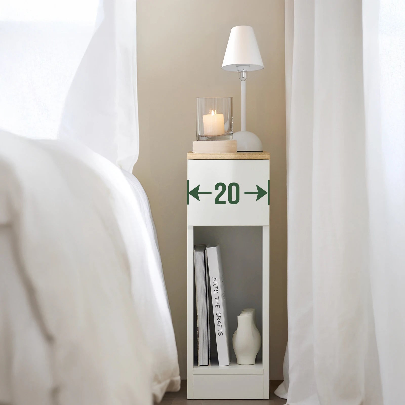 Smal Nachtkastje met Lade – 20 cm Breed Moderne Bijzettafel voor Slaapkamer en Woonkamer