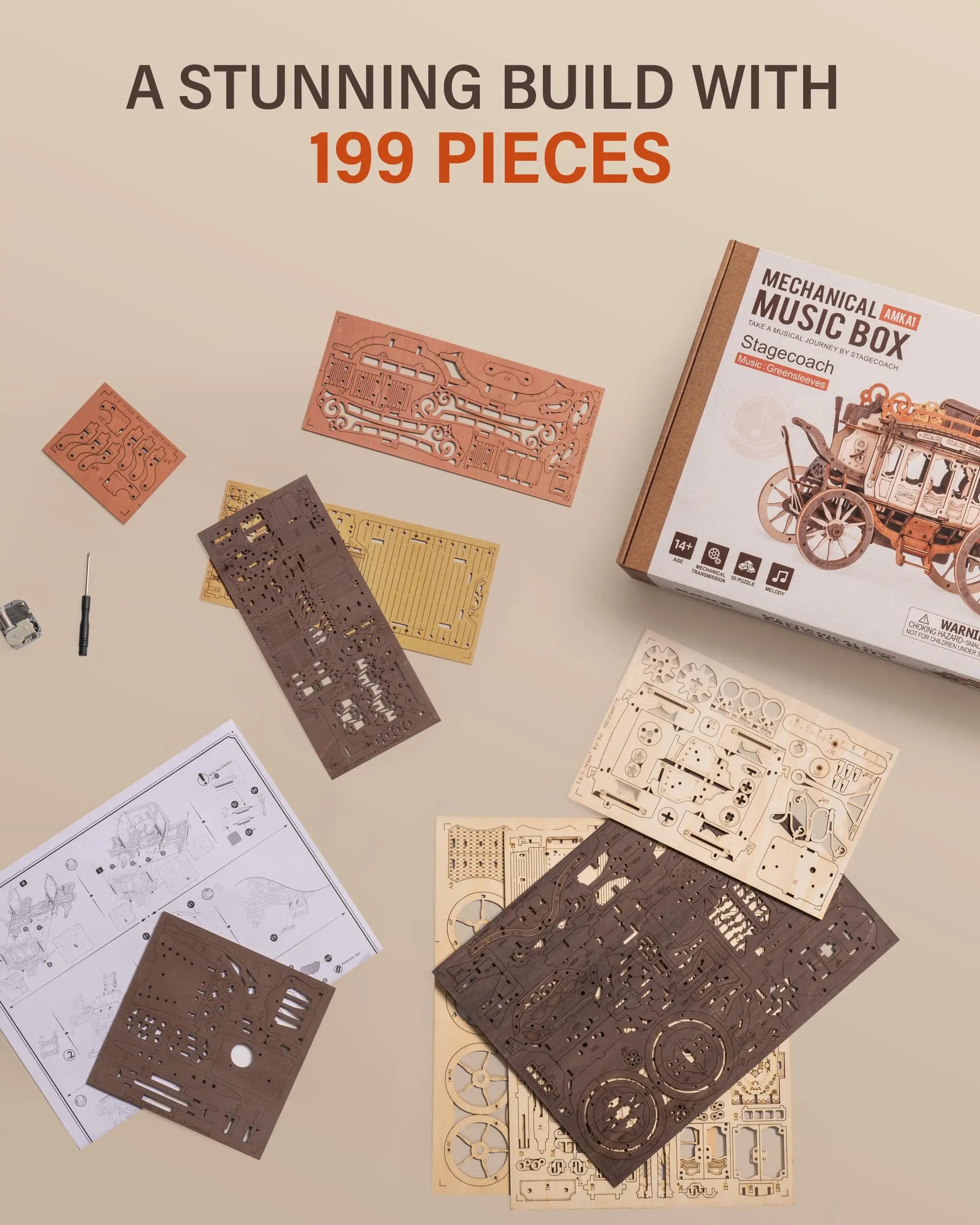 3D Houten Puzzel Muziekdoos – Stagecoach Model voor Volwassenen – Creatieve STEM Hobby Kit