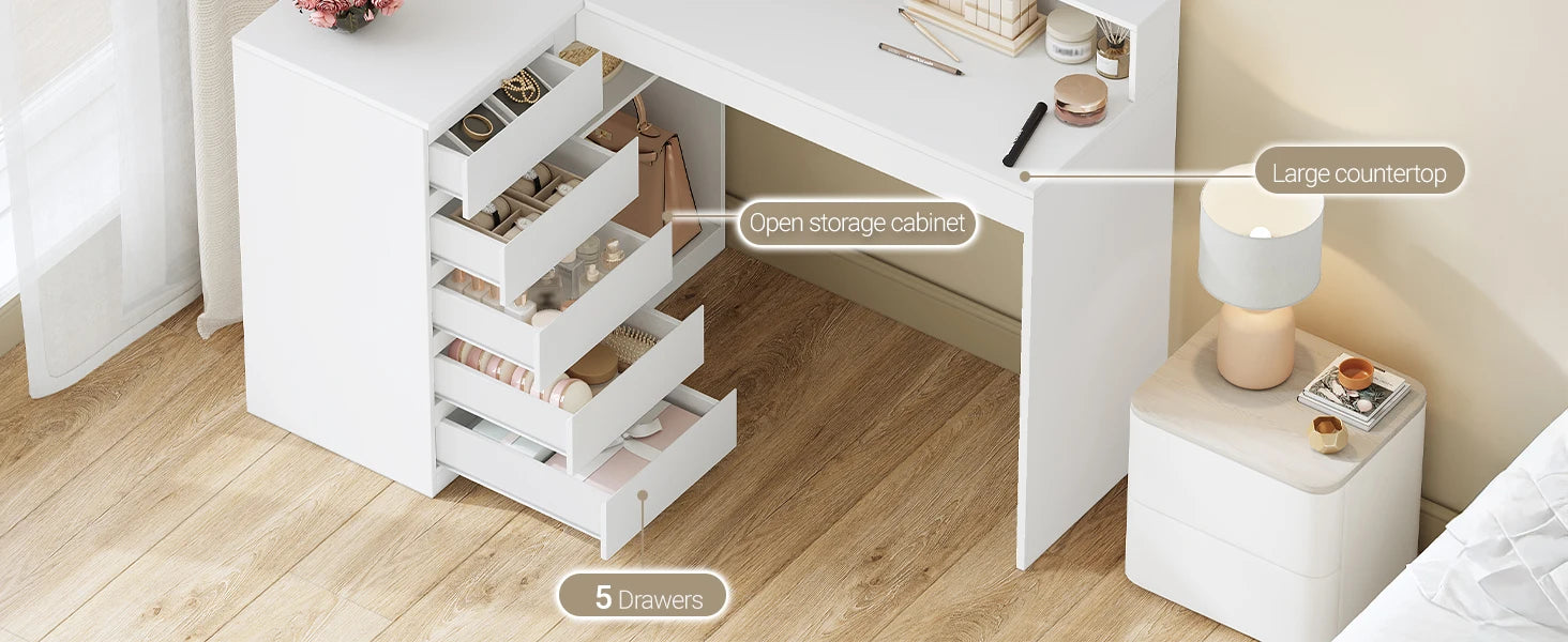 Kaptafel met Spiegel en LED Verlichting – L-Vormige Hoek Make-up Tafel met 5 Laden en Opbergruimte – Moderne Witte Dressing Table