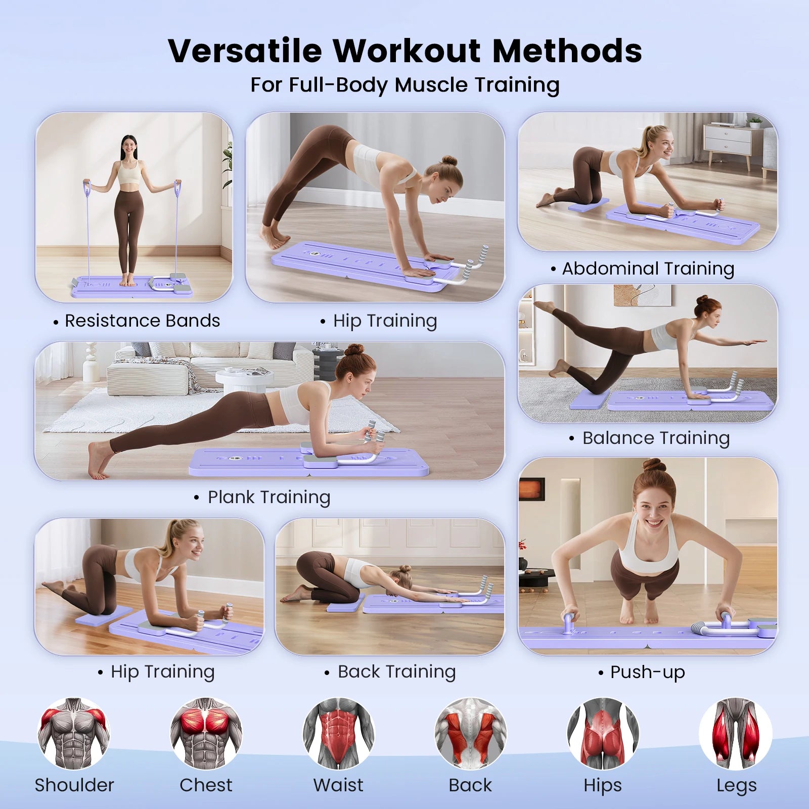 Multifunctioneel Fitnessbord met Weerstandsbanden – Core Trainer & Pilates Board voor Thuis Workout – Opvouwbaar met Timer en Kniebescherming
