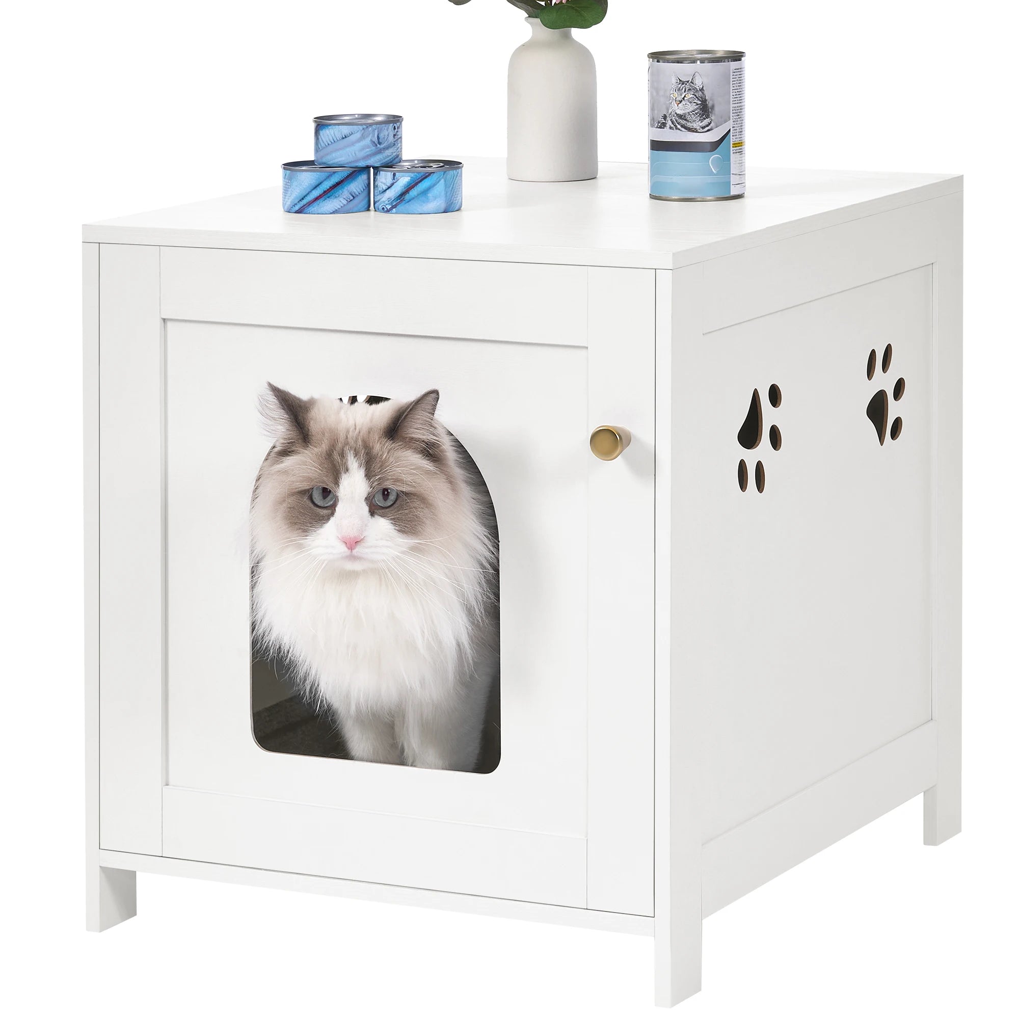 Verborgen kattenbakmeubel – Luxe houten kattenhuis met zijtafelfunctie