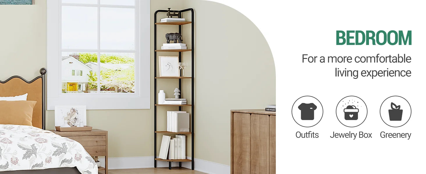 Hoekrek met 6 Planken – Open Boekenplank en Opslagrek voor Woonkamer en Kantoor