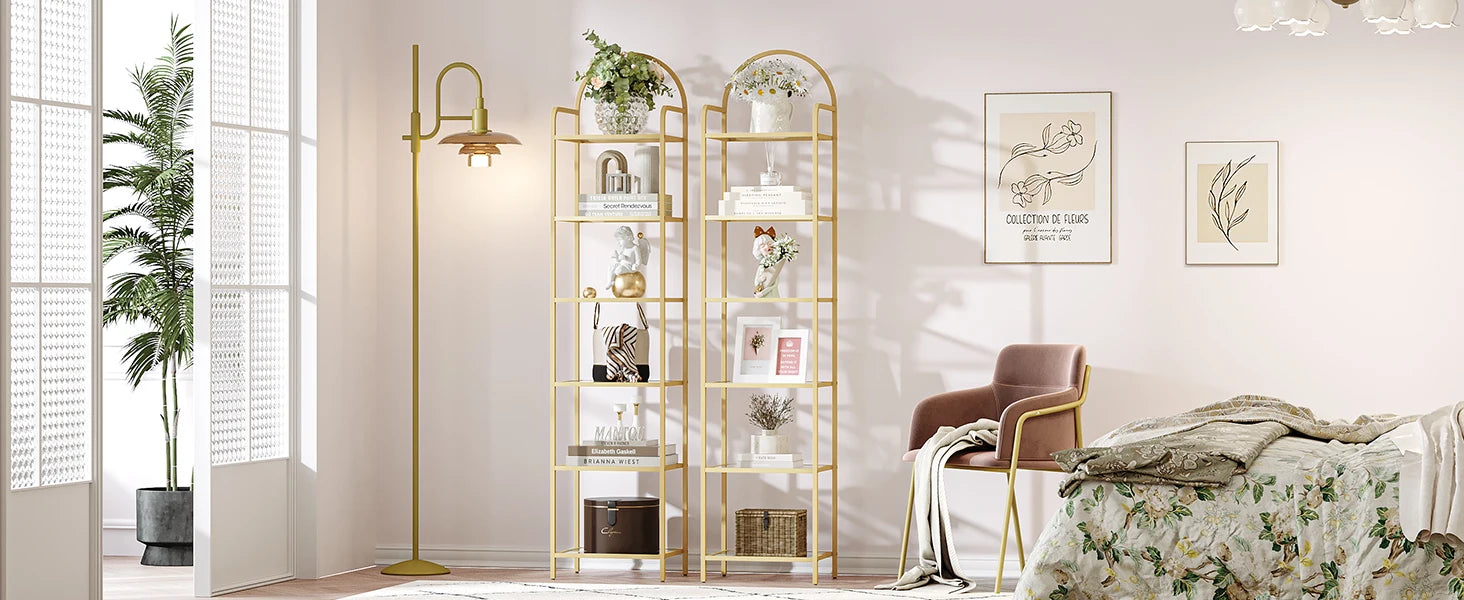 Smalle Boekenkast met Gehard Glas en Gouden Frame – 6-Laags Ladder Kast voor Woonkamer, Slaapkamer & Badkamer