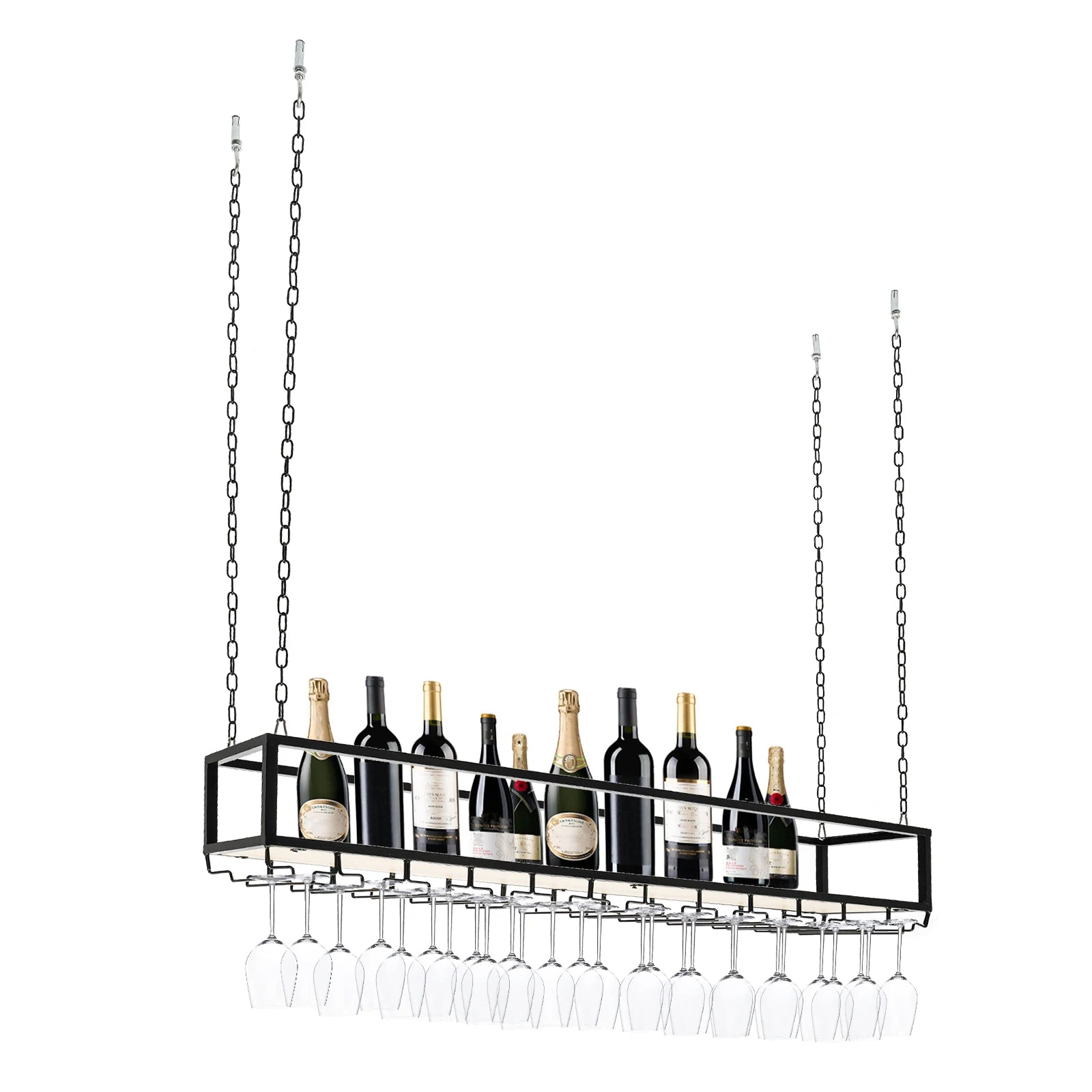 Hangend Wijnrek Industrieel met Glazenhouder – Vintage Plafond Wijnrek Metaal & Hout