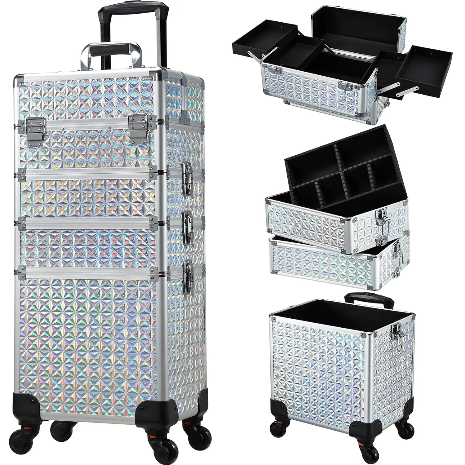 Professionele Make-up Trolley Koffer 4-in-1 – Aluminium Opbergkoffer met Wieltjes en Afneembare Compartimenten – Voor Cosmetica, Nageltools en Reis