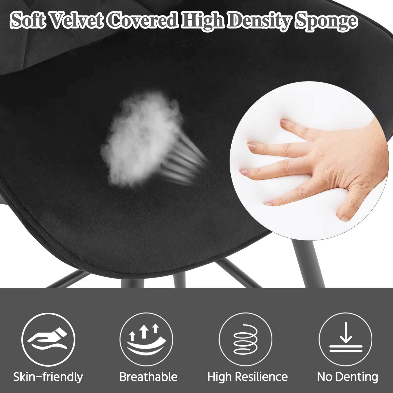 Set van 2 Fluwelen Barkrukken – Zwarte Gestoffeerde Barstoelen met Rugleuning