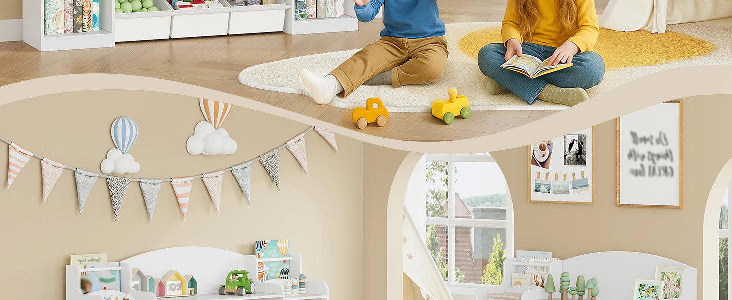 Kinderboekenkast met Opbergbakken – Houten Speelgoedkast met 8 Stoffen Lades & 9 Vakken – Kinderkamer Organizer Wit