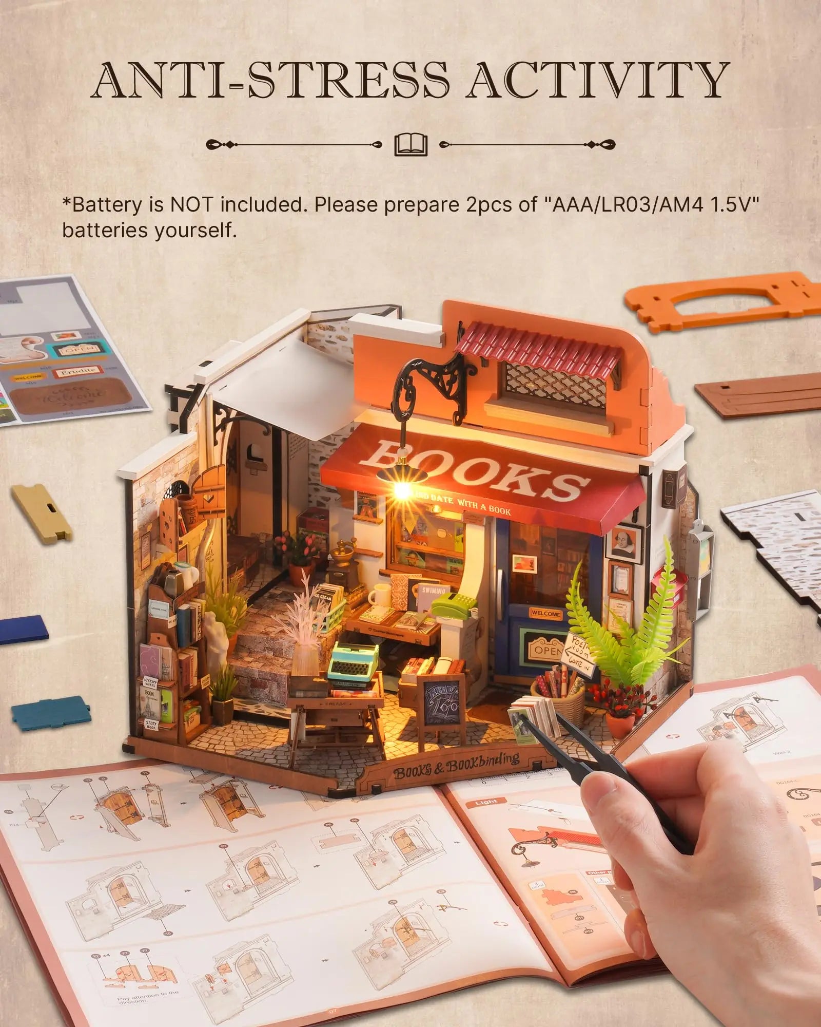 Miniatuur Boekwinkel Bouwpakket – DIY Houten Huisje met LED Verlichting – Creatief Knutselpakket voor Hobby en Cadeau