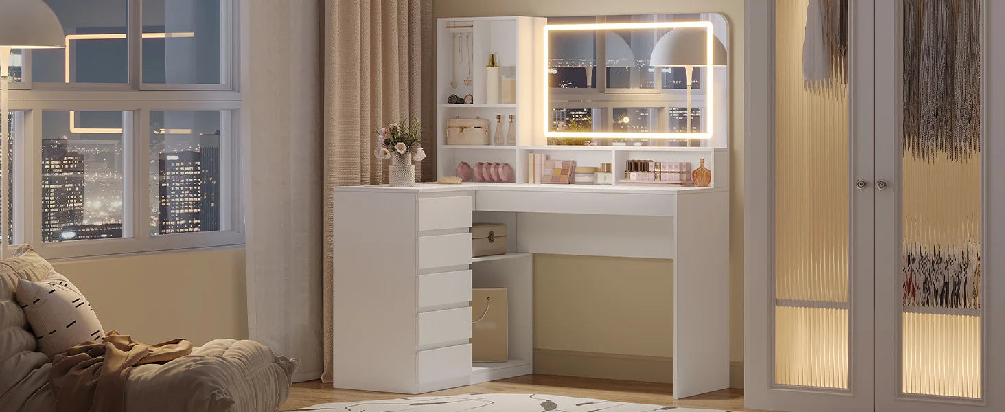 Kaptafel met Spiegel en LED Verlichting – L-Vormige Hoek Make-up Tafel met 5 Laden en Opbergruimte – Moderne Witte Dressing Table