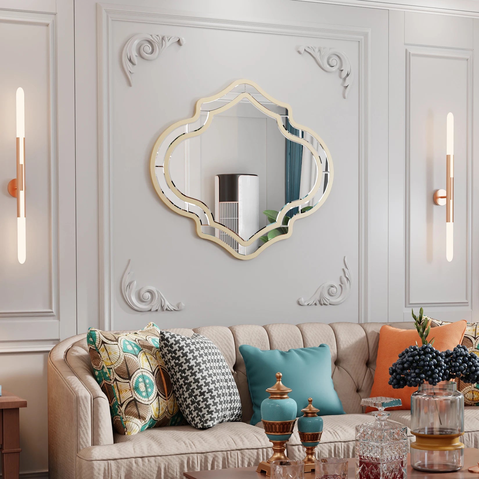 Grote Luxe Gouden Wandspiegel met Facetglas en Houten Lijst – Decoratieve Spiegel voor Woonkamer