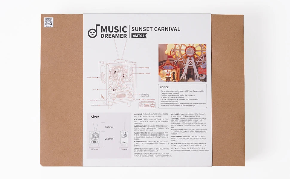 3D Houten Muziekdoos Reuzenrad met Licht – Sunset Carnival Nachtlampje en Decoratie – USB Oplaadbaar voor Woonkamer en Slaapkamer