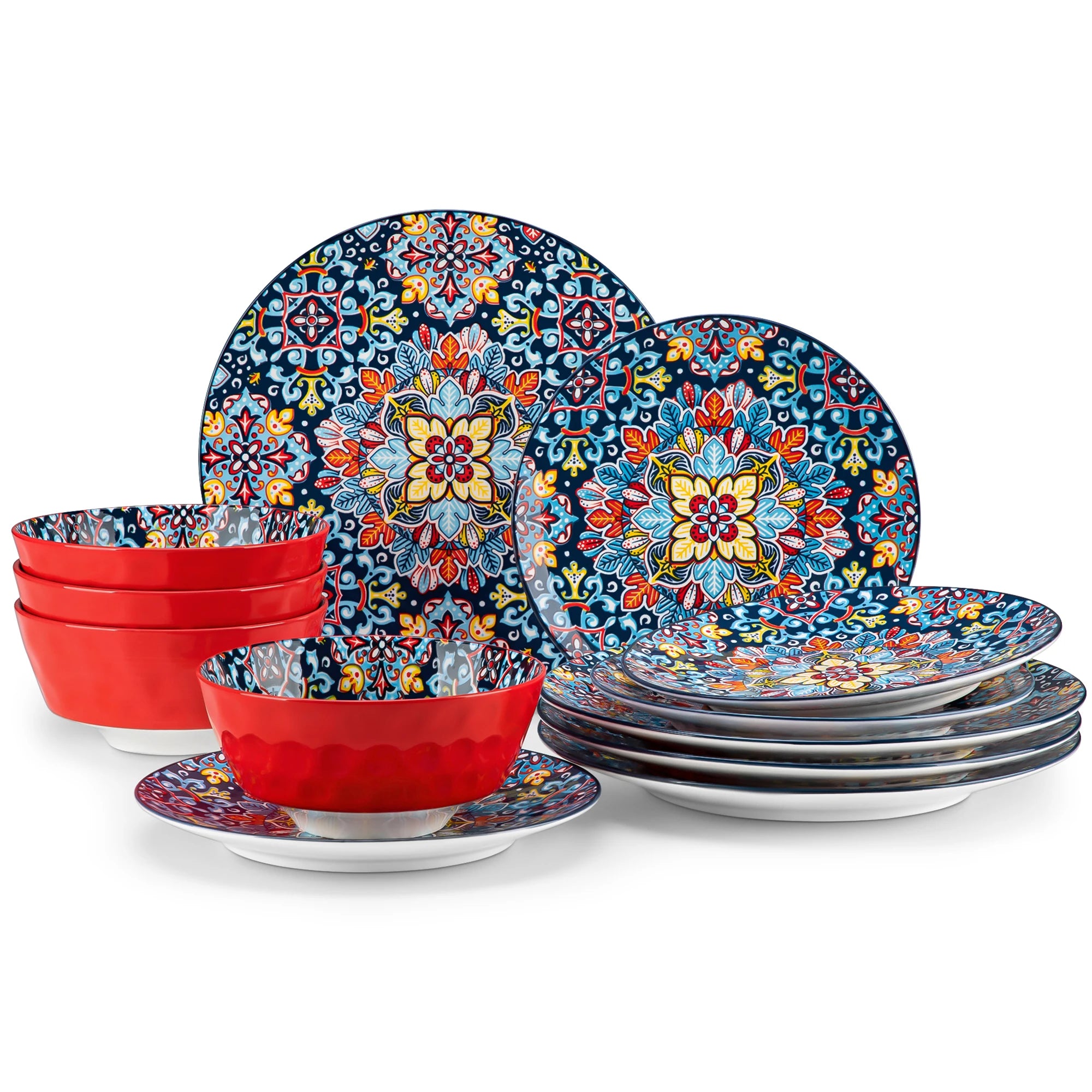 Boheemse 12-delige Keramische Servies Set – Porselein Dinerborden, Dessertborden & Kommen – Boho Servies met Bloemen Design