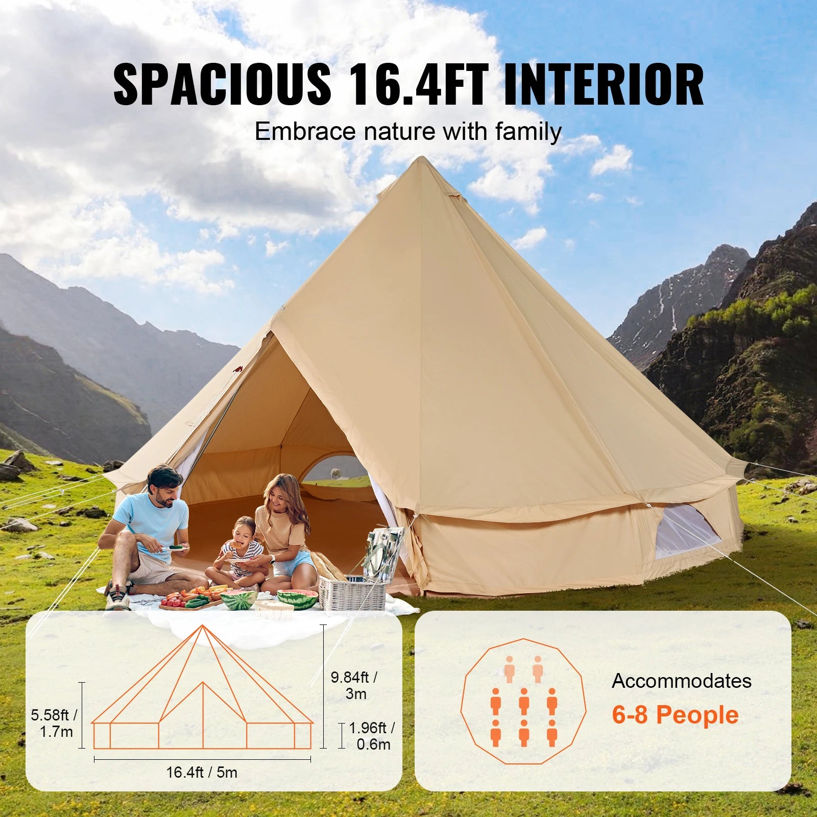 Canvas Bell Tent 5m – 4 Seizoenen Yurt Tent voor 8 Personen met Kachelaansluiting & Waterdicht Grondzeil