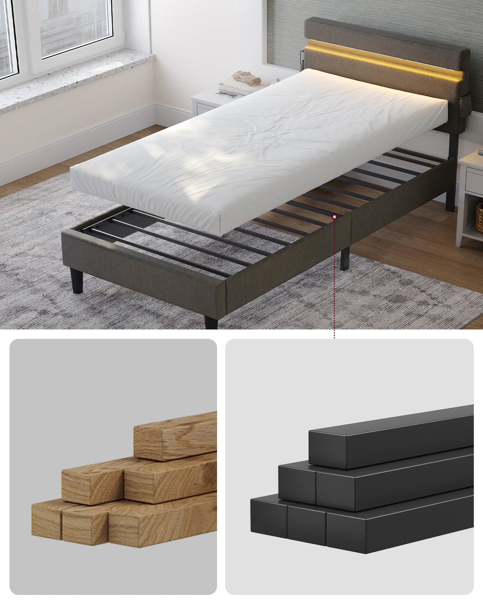 Gestoffeerd Bed met LED Verlichting – USB & Type-C Oplaadpoort, Modern Design met Opbergruimte