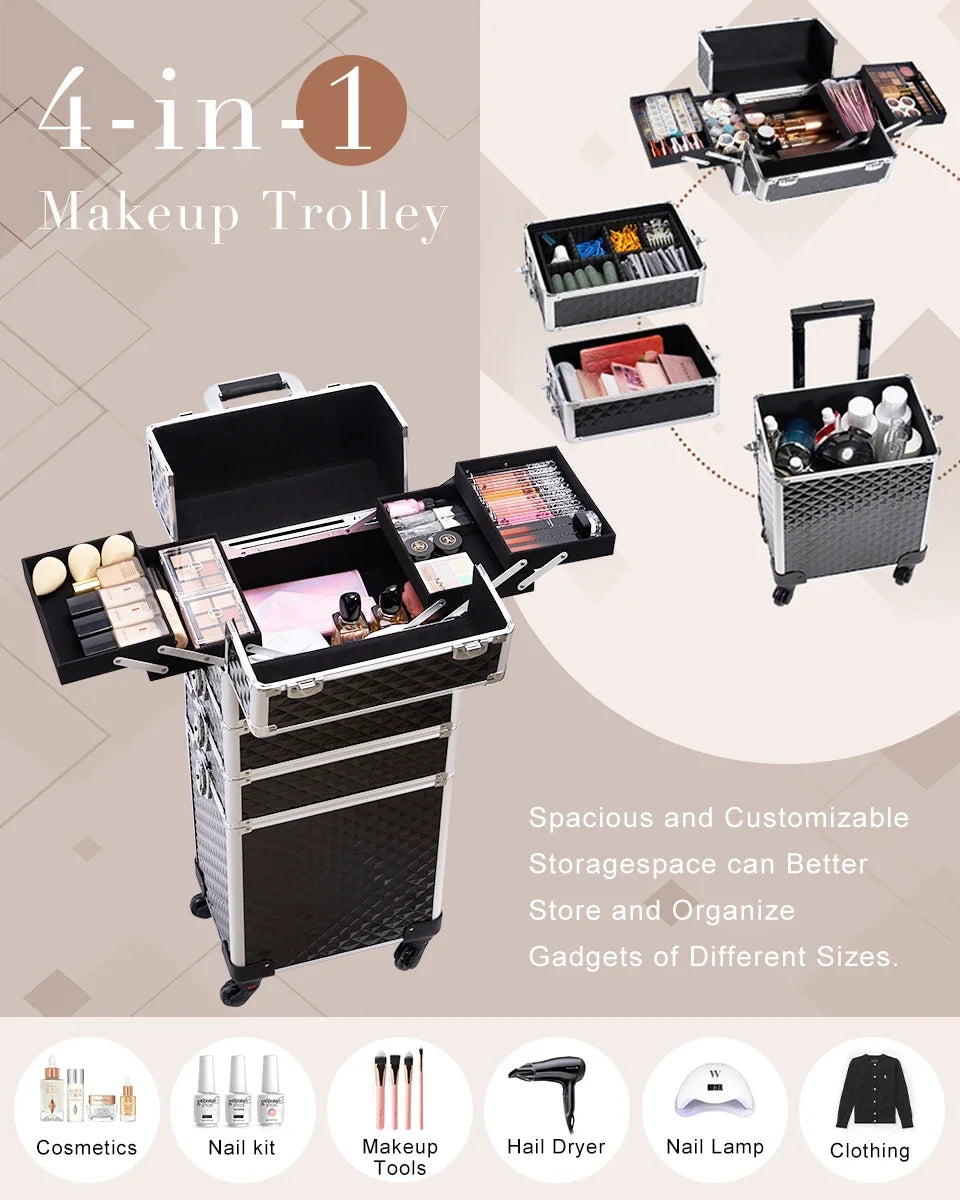 Professionele Make-up Trolley Koffer 4-in-1 – Aluminium Opbergkoffer met Wieltjes en Afneembare Compartimenten – Voor Cosmetica, Nageltools en Reis